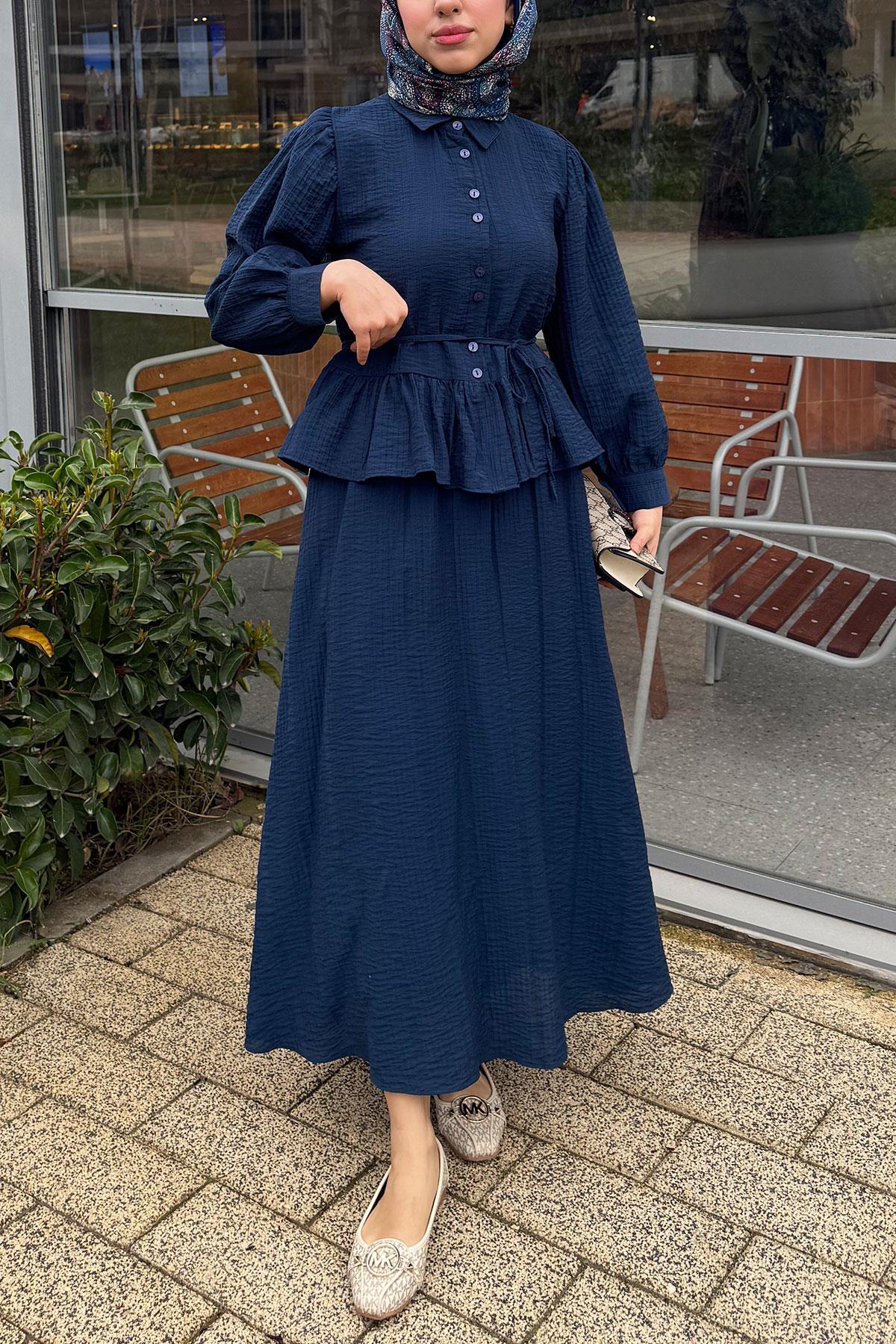 Fırfır Detaylı Gömlekli Gofre Etekli İkili Takım - Lacivert