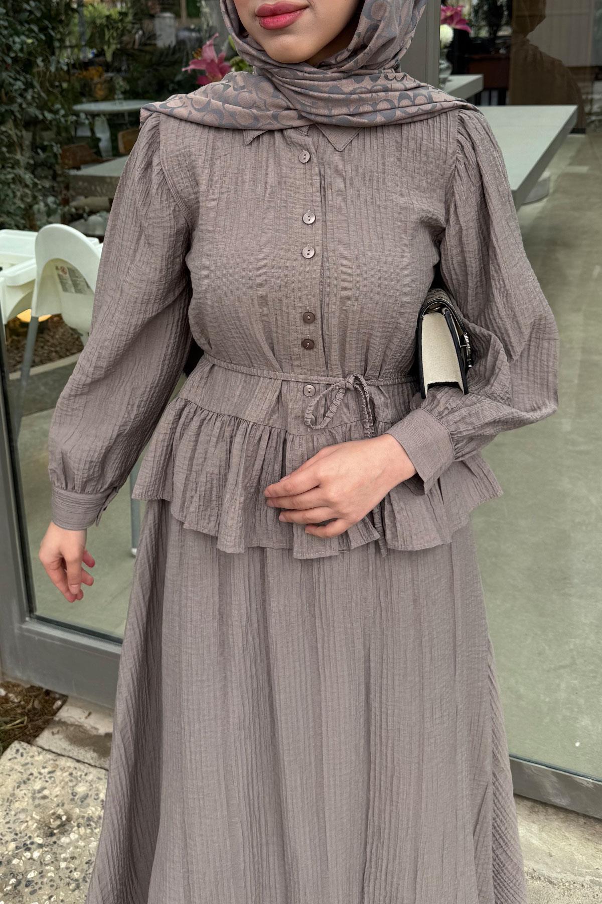 Fırfır Detaylı Gömlekli Gofre Etekli İkili Takım - Vizon