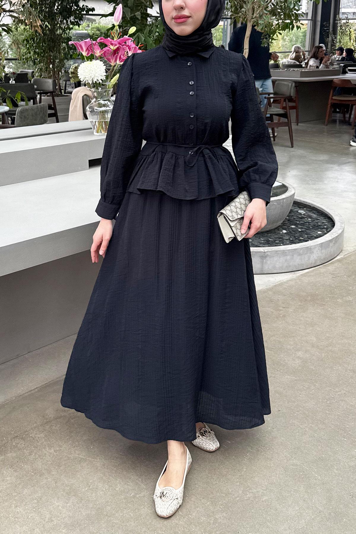 Fırfır Detaylı Gömlekli Gofre Etekli İkili Takım - Siyah