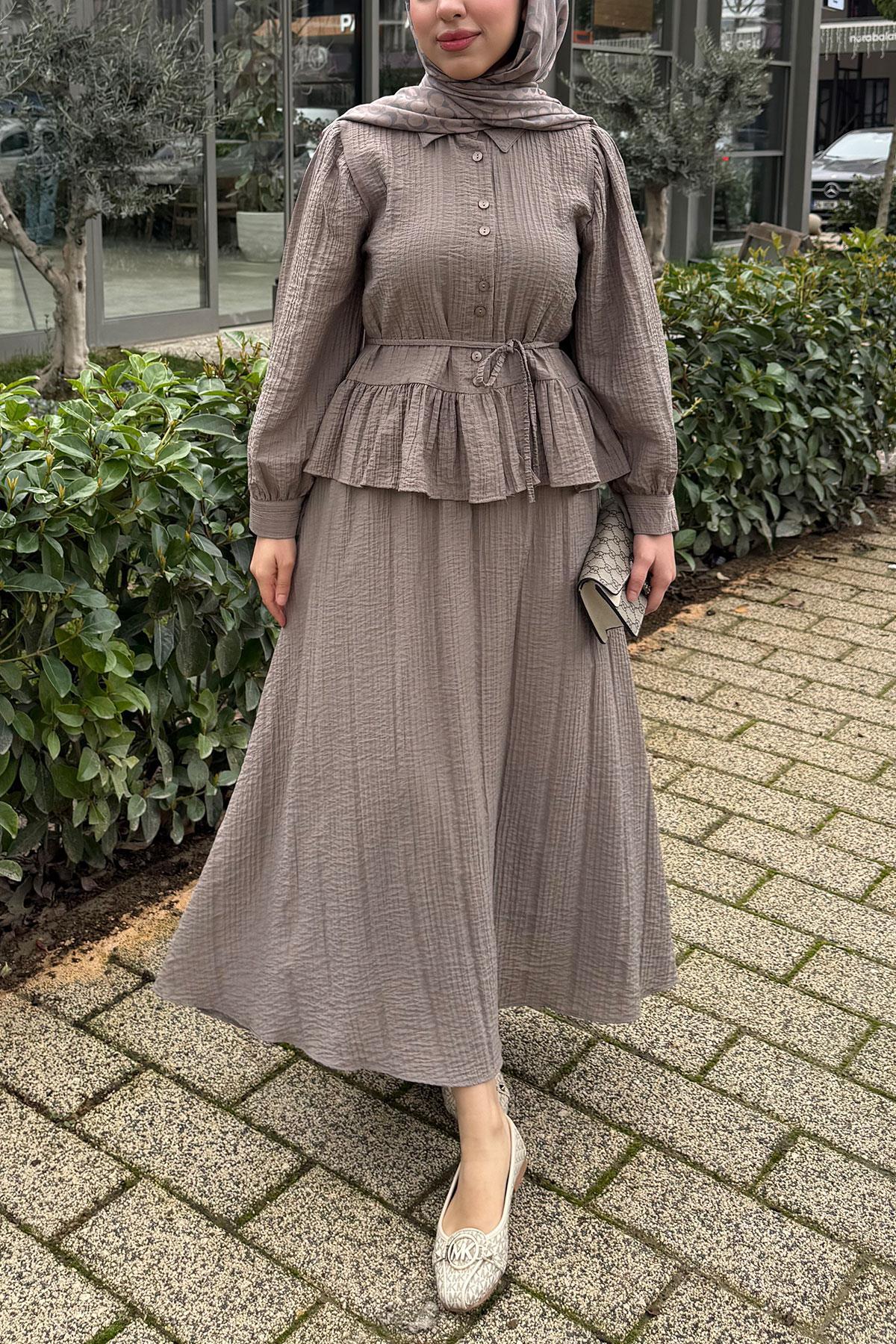 Fırfır Detaylı Gömlekli Gofre Etekli İkili Takım - Vizon