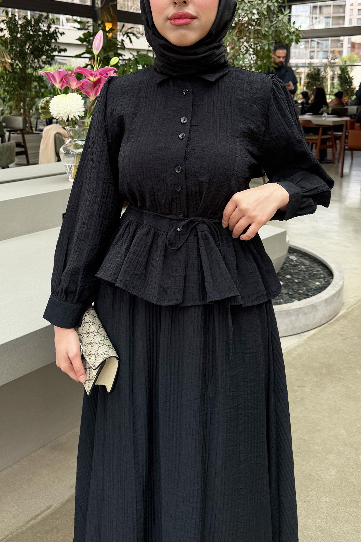 Fırfır Detaylı Gömlekli Gofre Etekli İkili Takım - Siyah