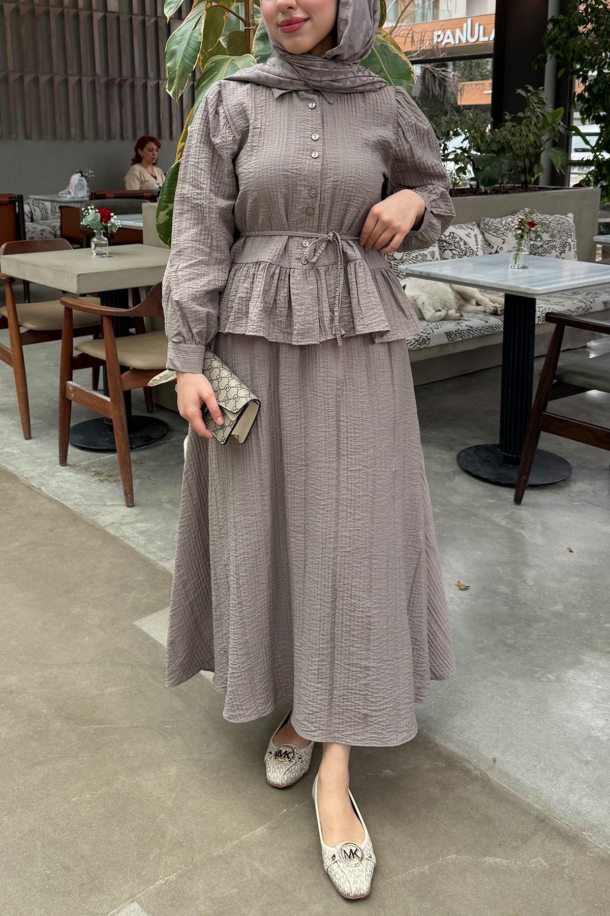 Fırfır Detaylı Gömlekli Gofre Etekli İkili Takım - Vizon