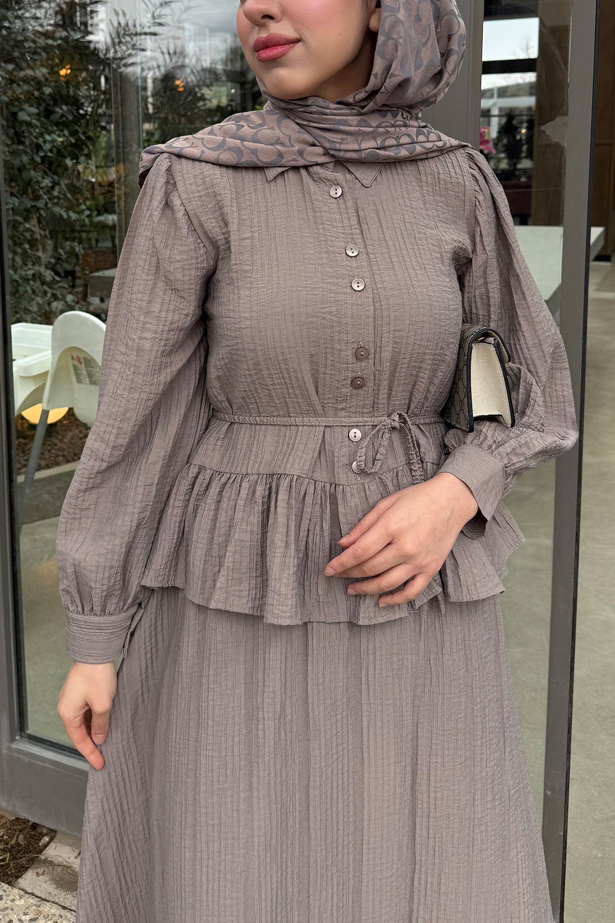 Fırfır Detaylı Gömlekli Gofre Etekli İkili Takım - Vizon