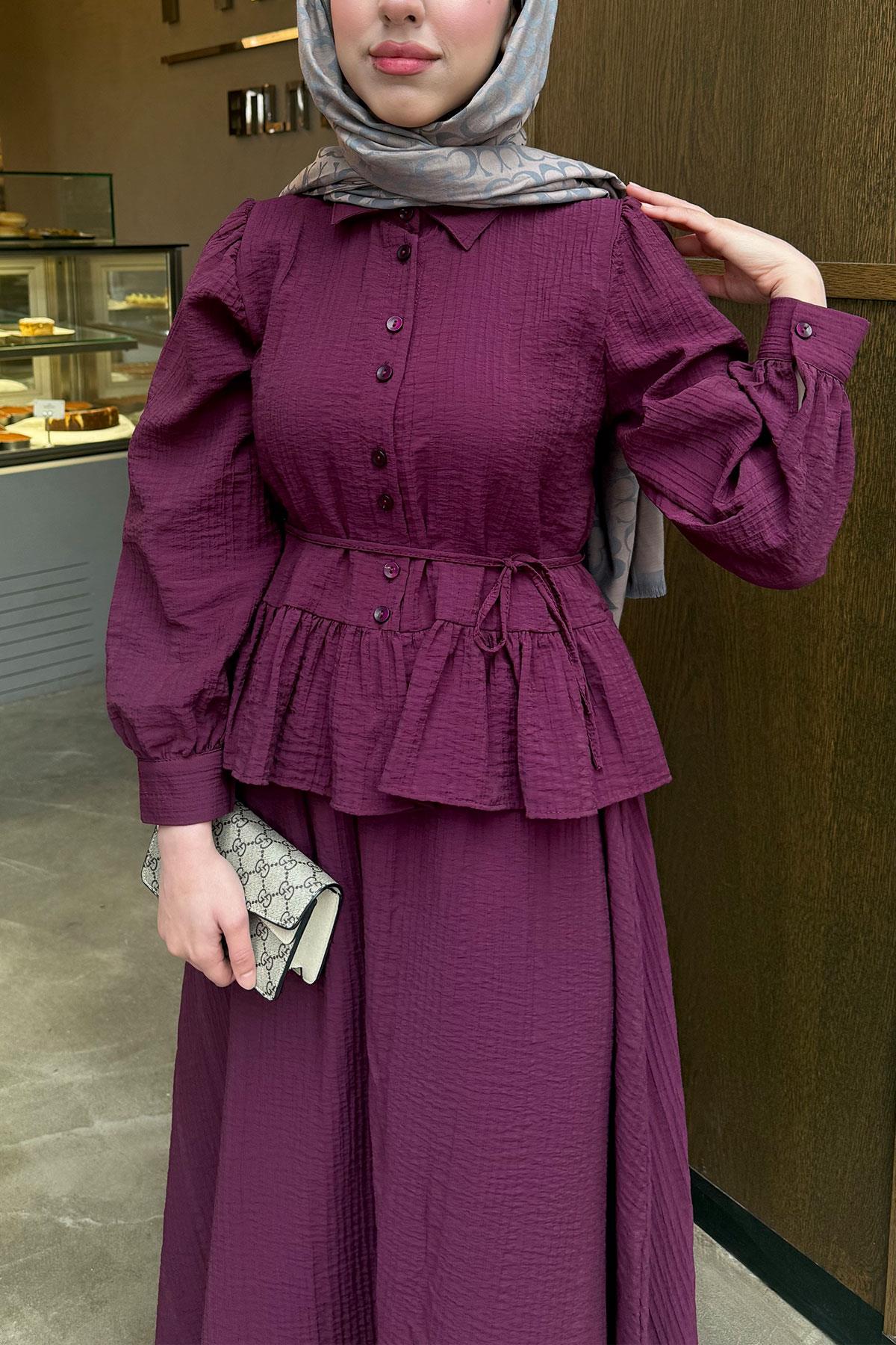 Fırfır Detaylı Gömlekli Gofre Etekli İkili Takım - Bordo