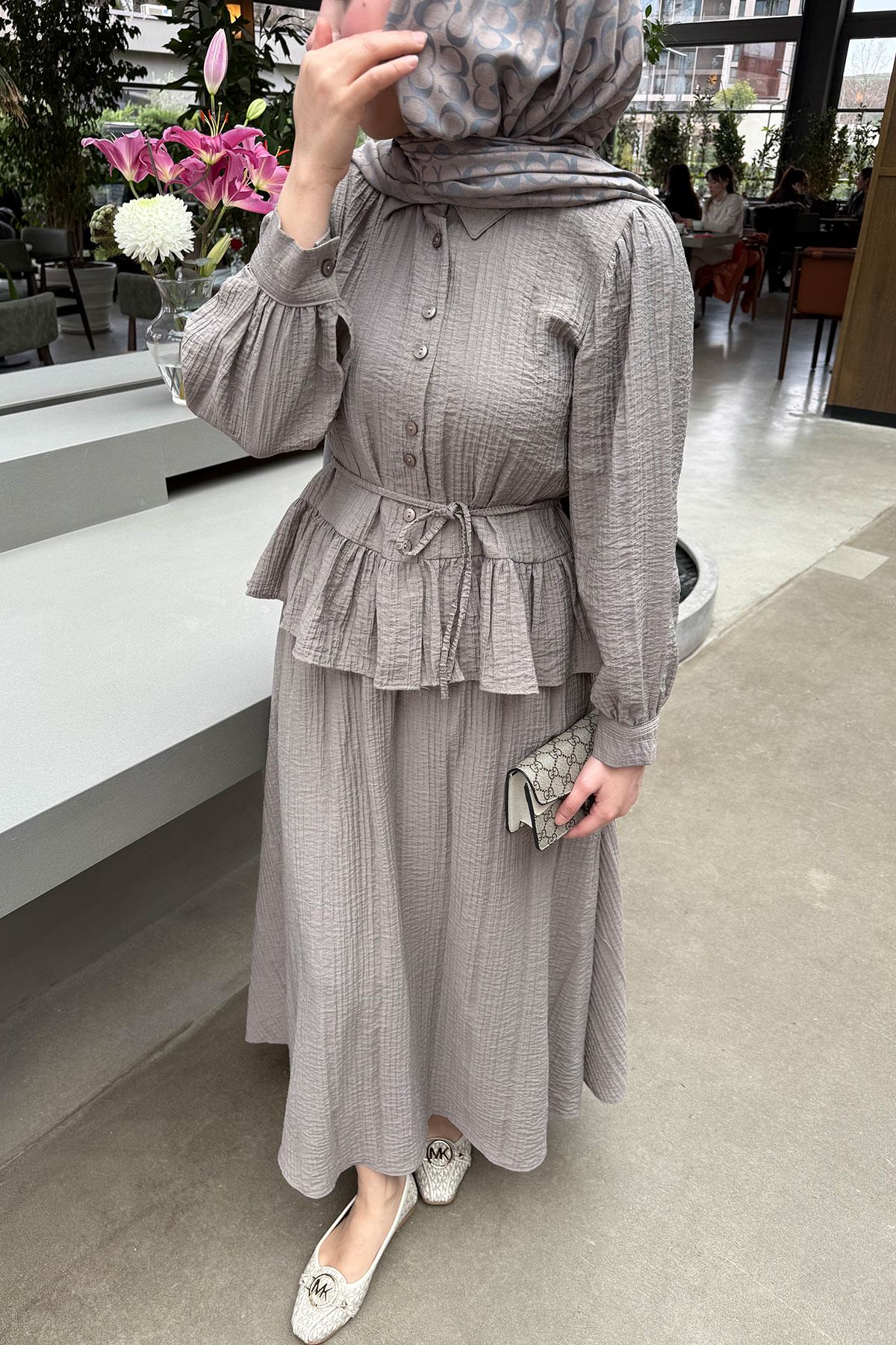 Fırfır Detaylı Gömlekli Gofre Etekli İkili Takım - Vizon