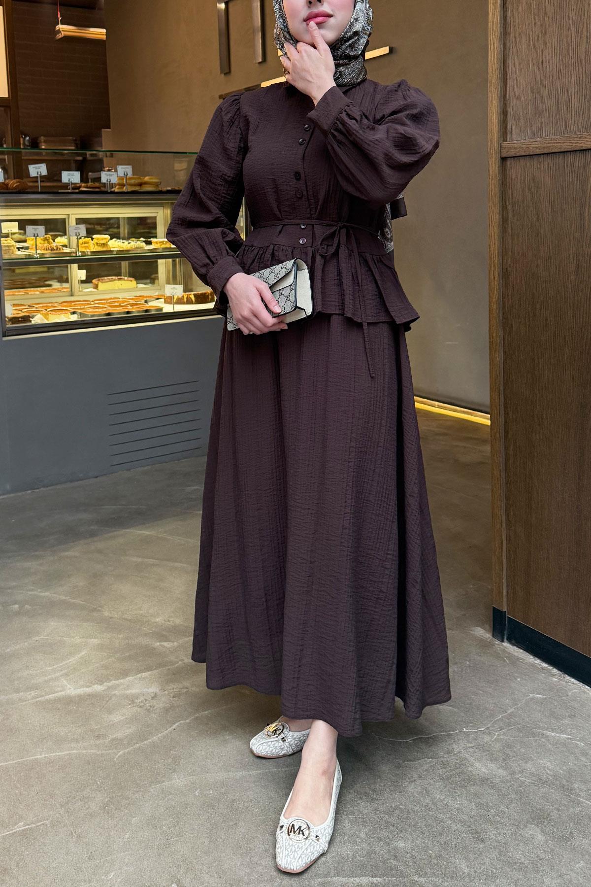 Fırfır Detaylı Gömlekli Gofre Etekli İkili Takım - Kahverengi