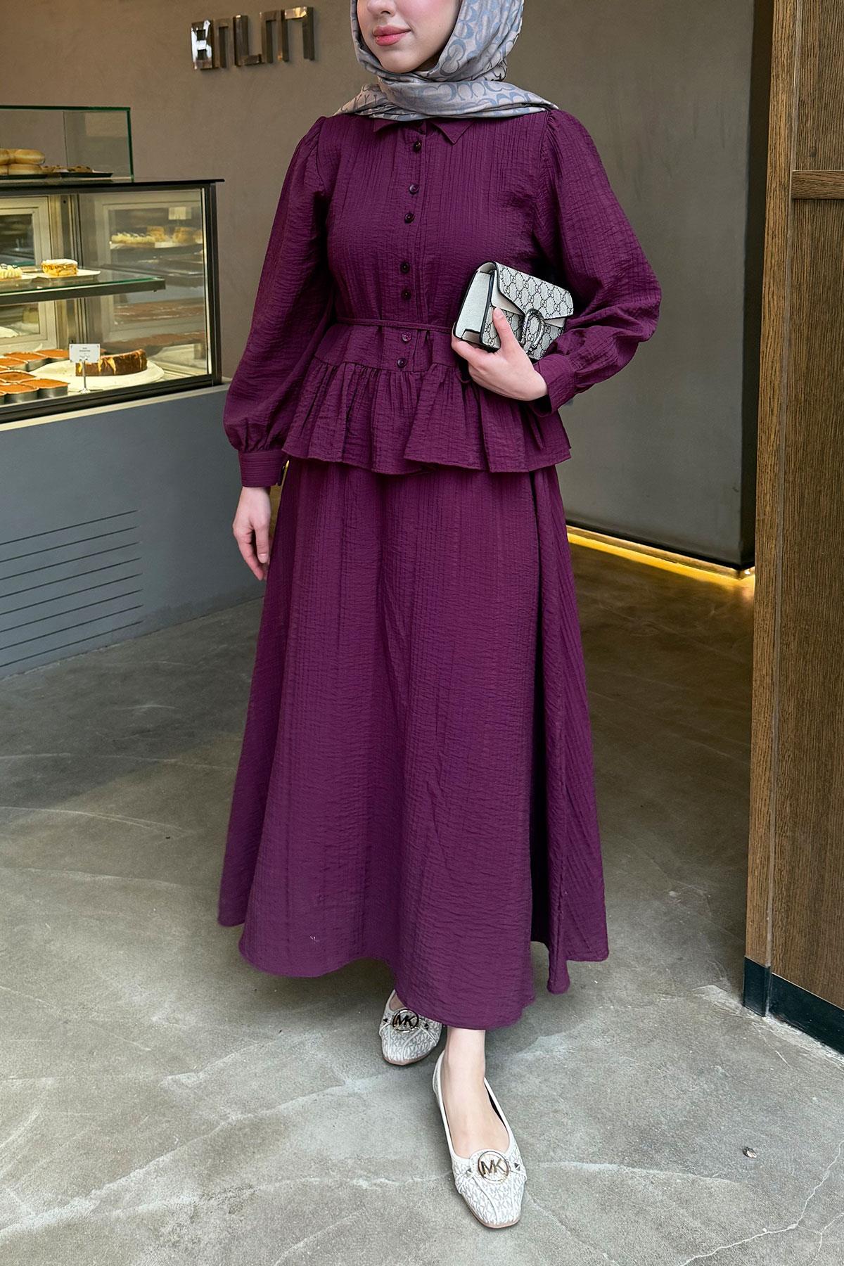 Fırfır Detaylı Gömlekli Gofre Etekli İkili Takım - Bordo