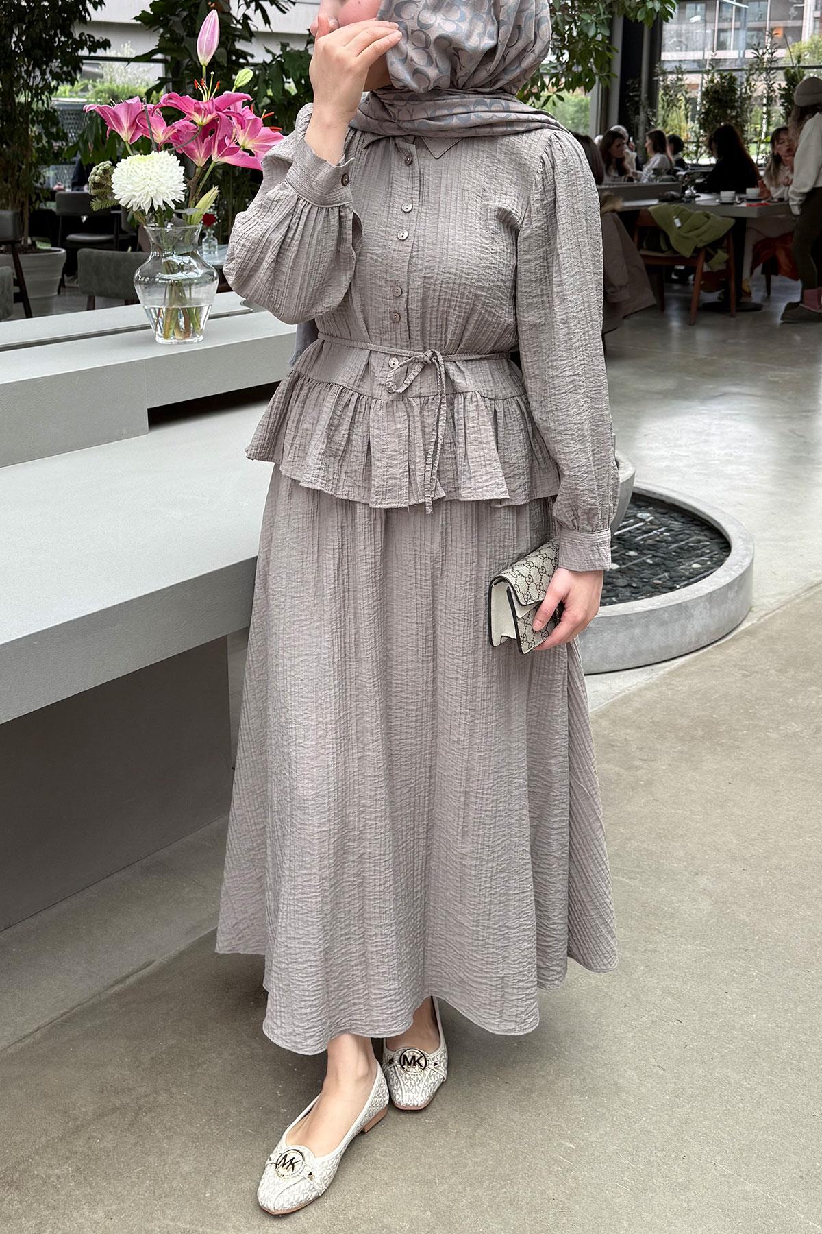 Fırfır Detaylı Gömlekli Gofre Etekli İkili Takım - Vizon