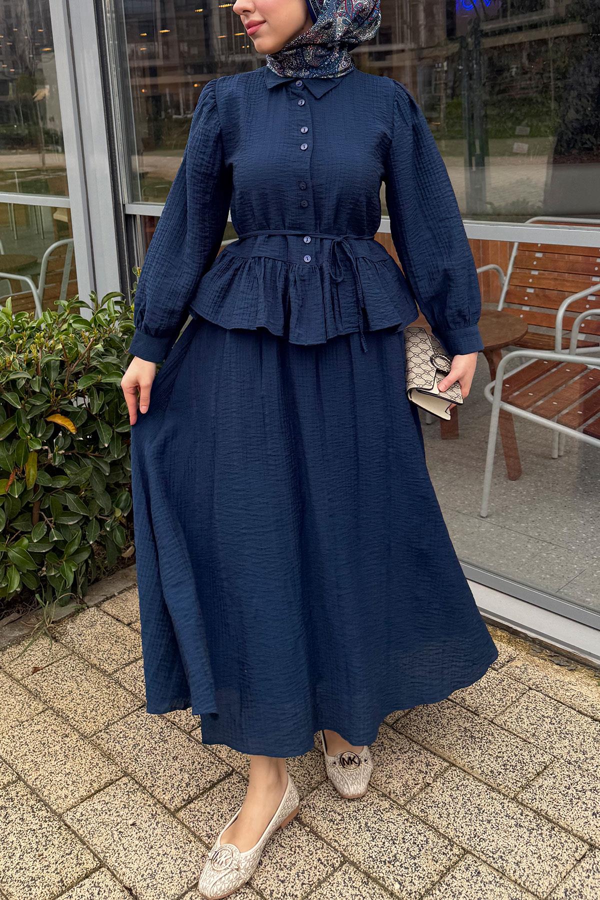 Fırfır Detaylı Gömlekli Gofre Etekli İkili Takım - Lacivert