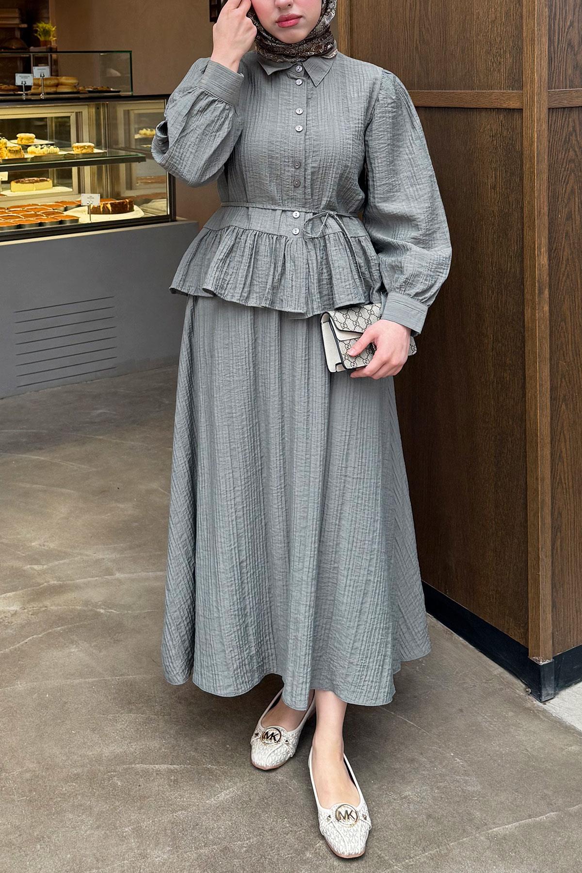 Fırfır Detaylı Gömlekli Gofre Etekli İkili Takım - Haki