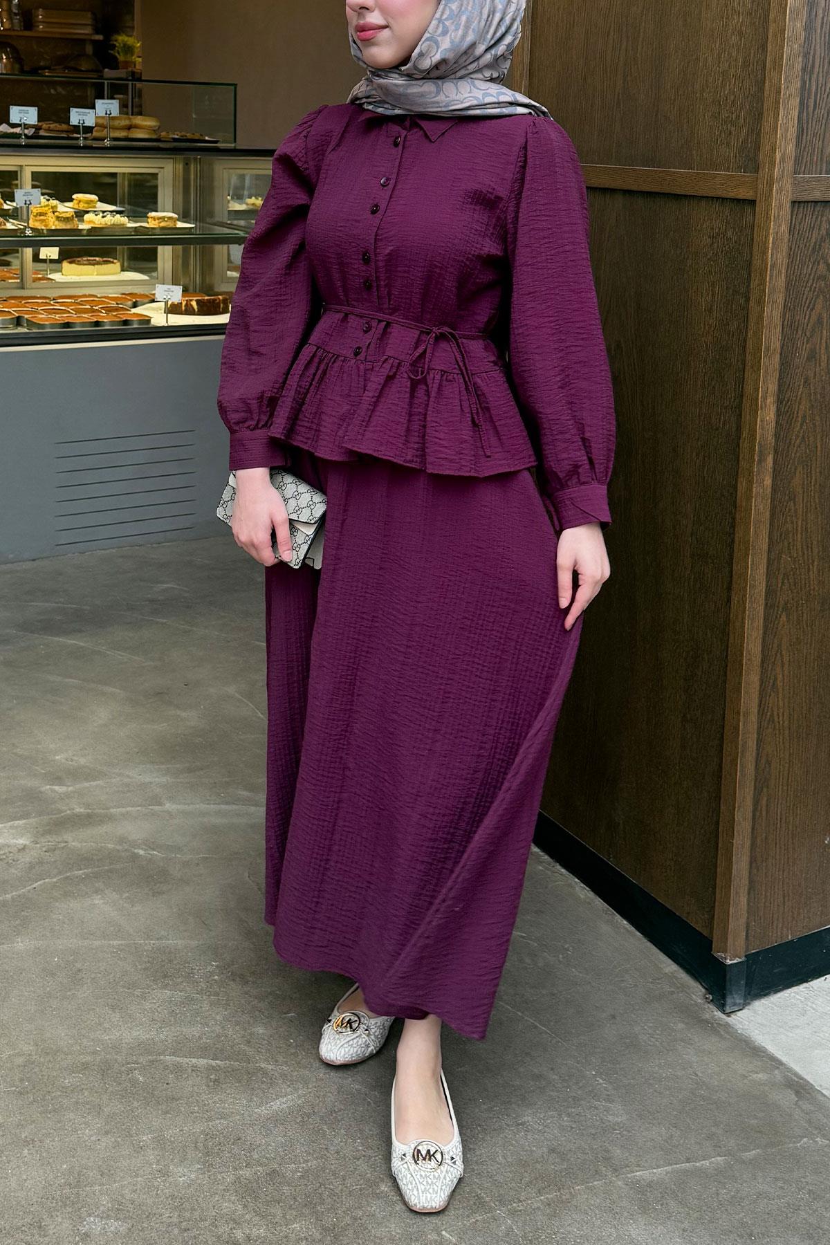 Fırfır Detaylı Gömlekli Gofre Etekli İkili Takım - Bordo