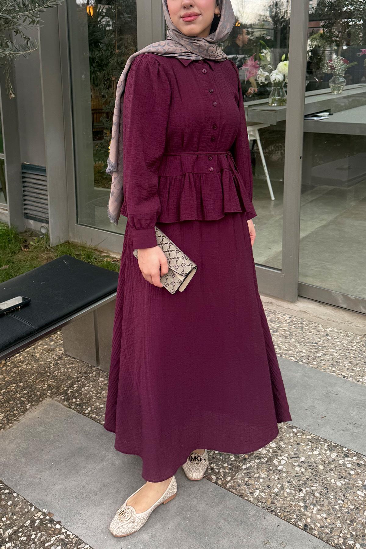 Fırfır Detaylı Gömlekli Gofre Etekli İkili Takım - Bordo