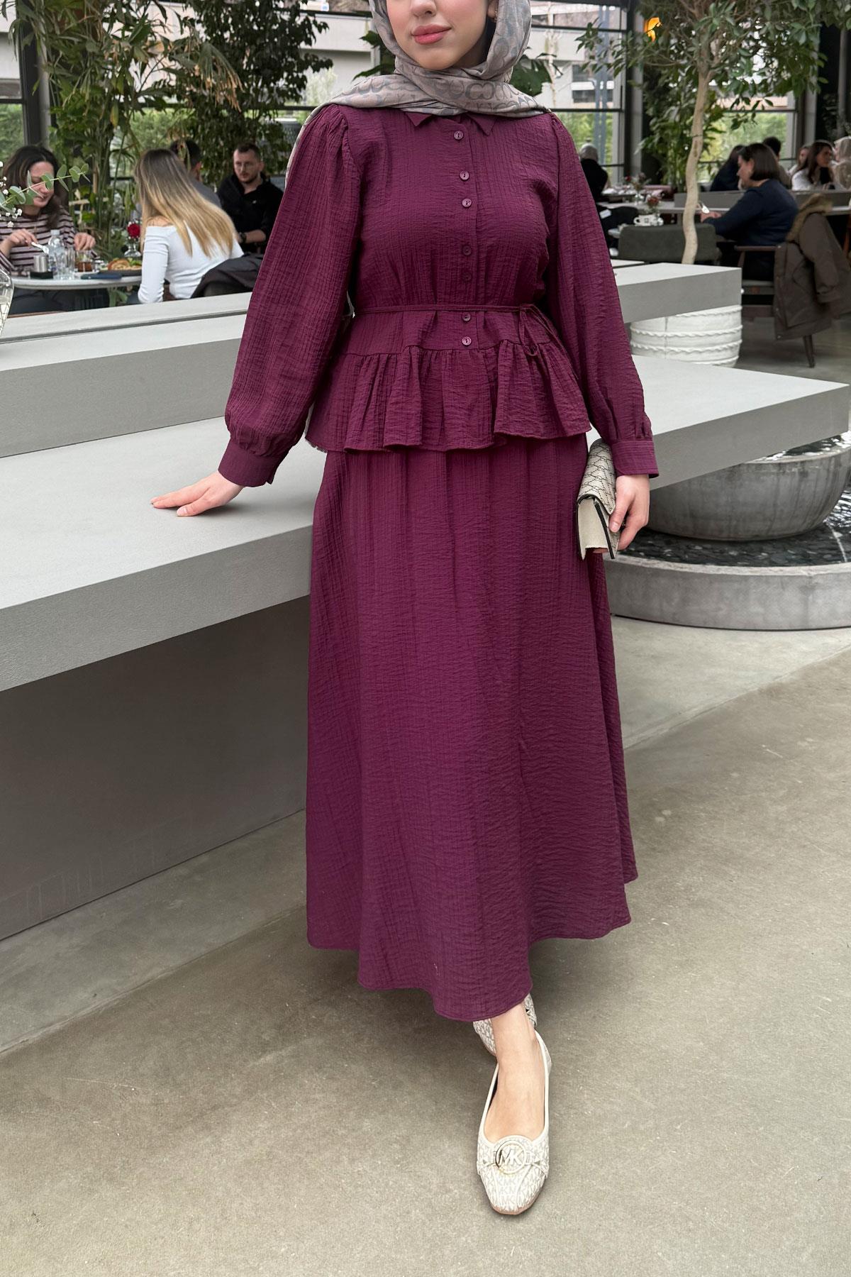 Fırfır Detaylı Gömlekli Gofre Etekli İkili Takım - Bordo