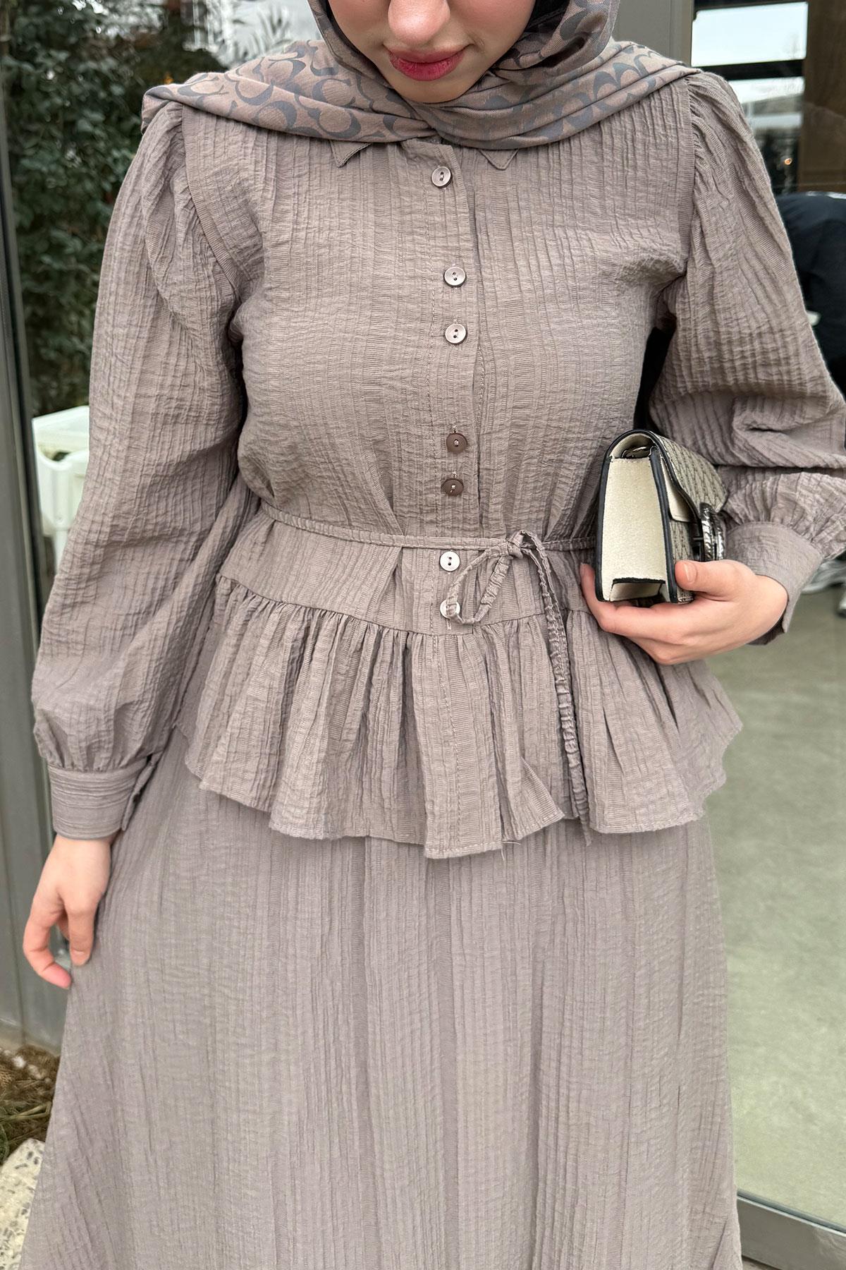 Fırfır Detaylı Gömlekli Gofre Etekli İkili Takım - Vizon