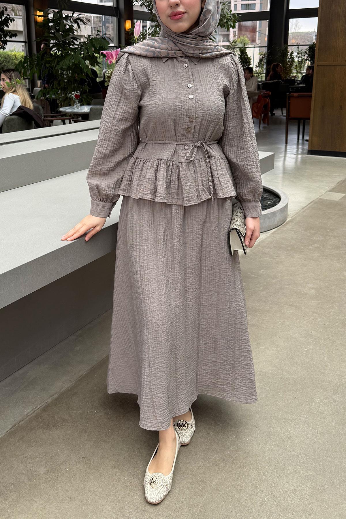 Fırfır Detaylı Gömlekli Gofre Etekli İkili Takım - Vizon