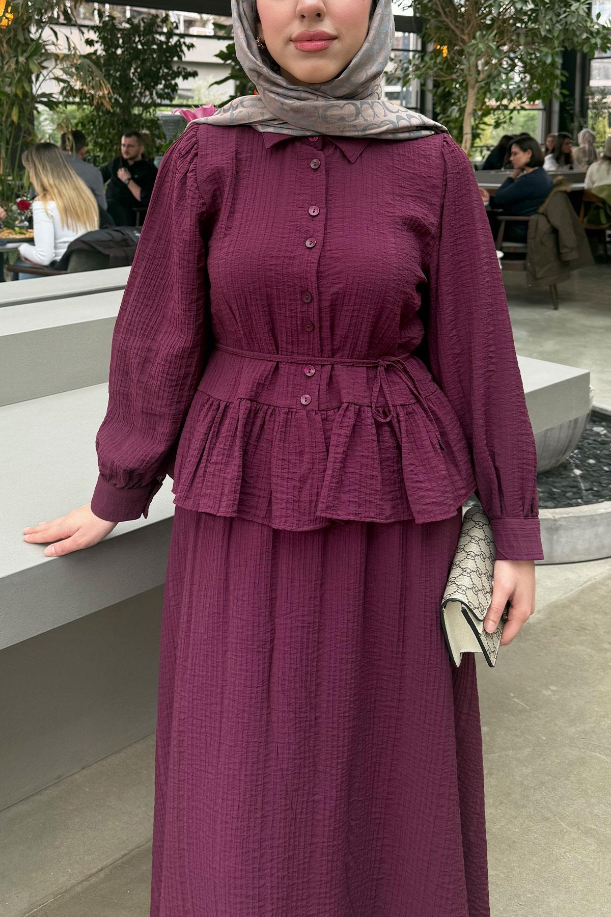 Fırfır Detaylı Gömlekli Gofre Etekli İkili Takım - Bordo