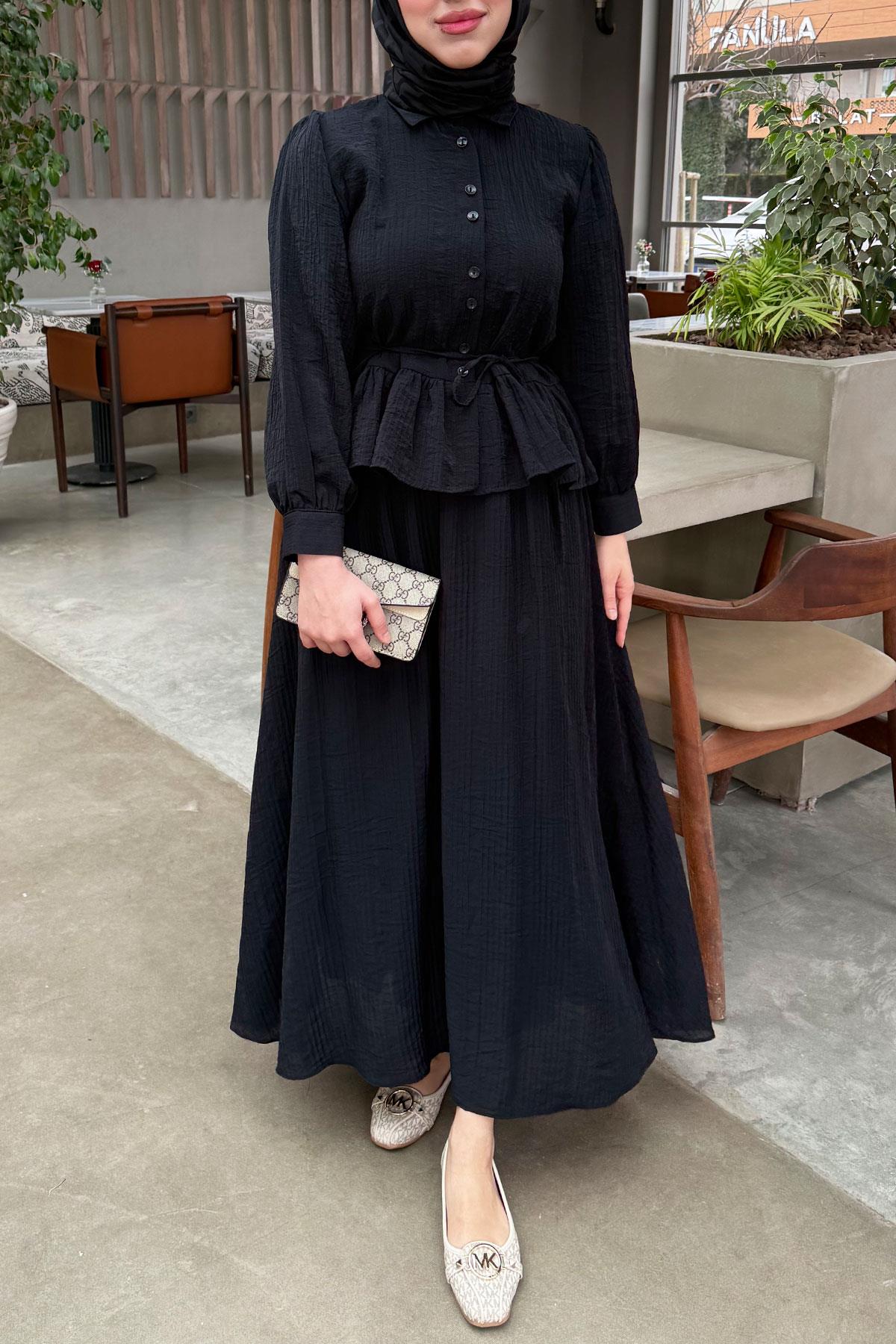 Fırfır Detaylı Gömlekli Gofre Etekli İkili Takım - Siyah