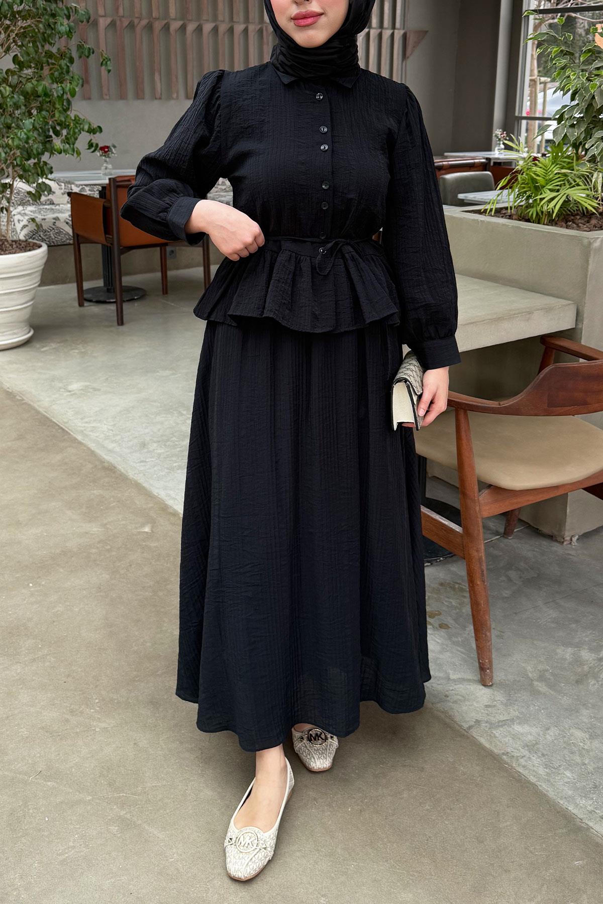 Fırfır Detaylı Gömlekli Gofre Etekli İkili Takım - Siyah