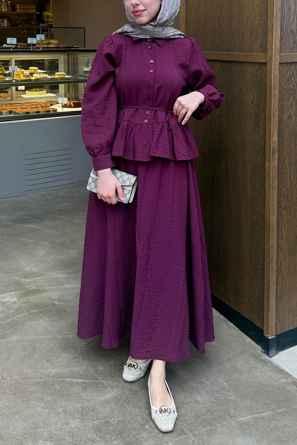 Fırfır Detaylı Gömlekli Gofre Etekli İkili Takım - Bordo