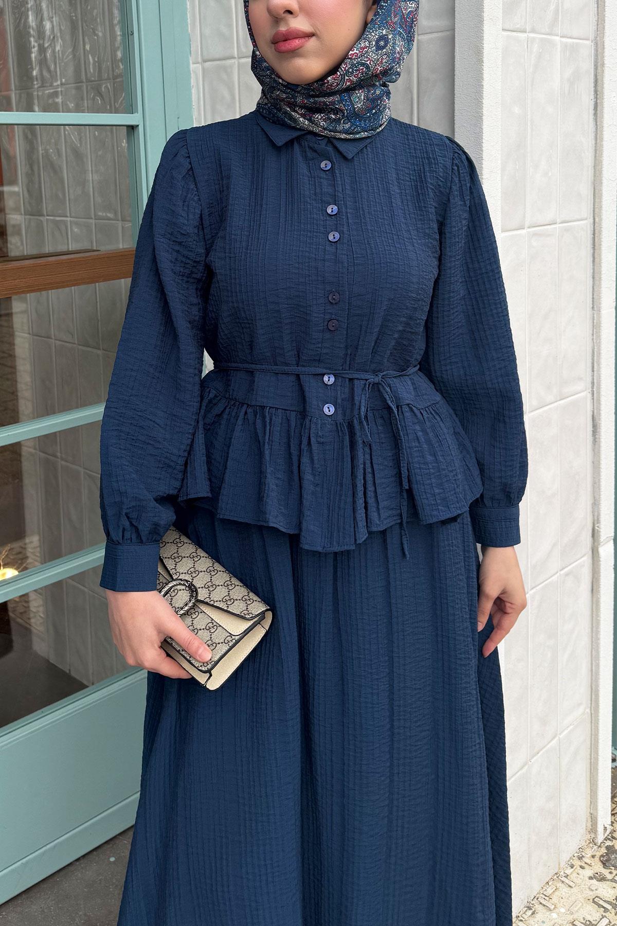 Fırfır Detaylı Gömlekli Gofre Etekli İkili Takım - Lacivert