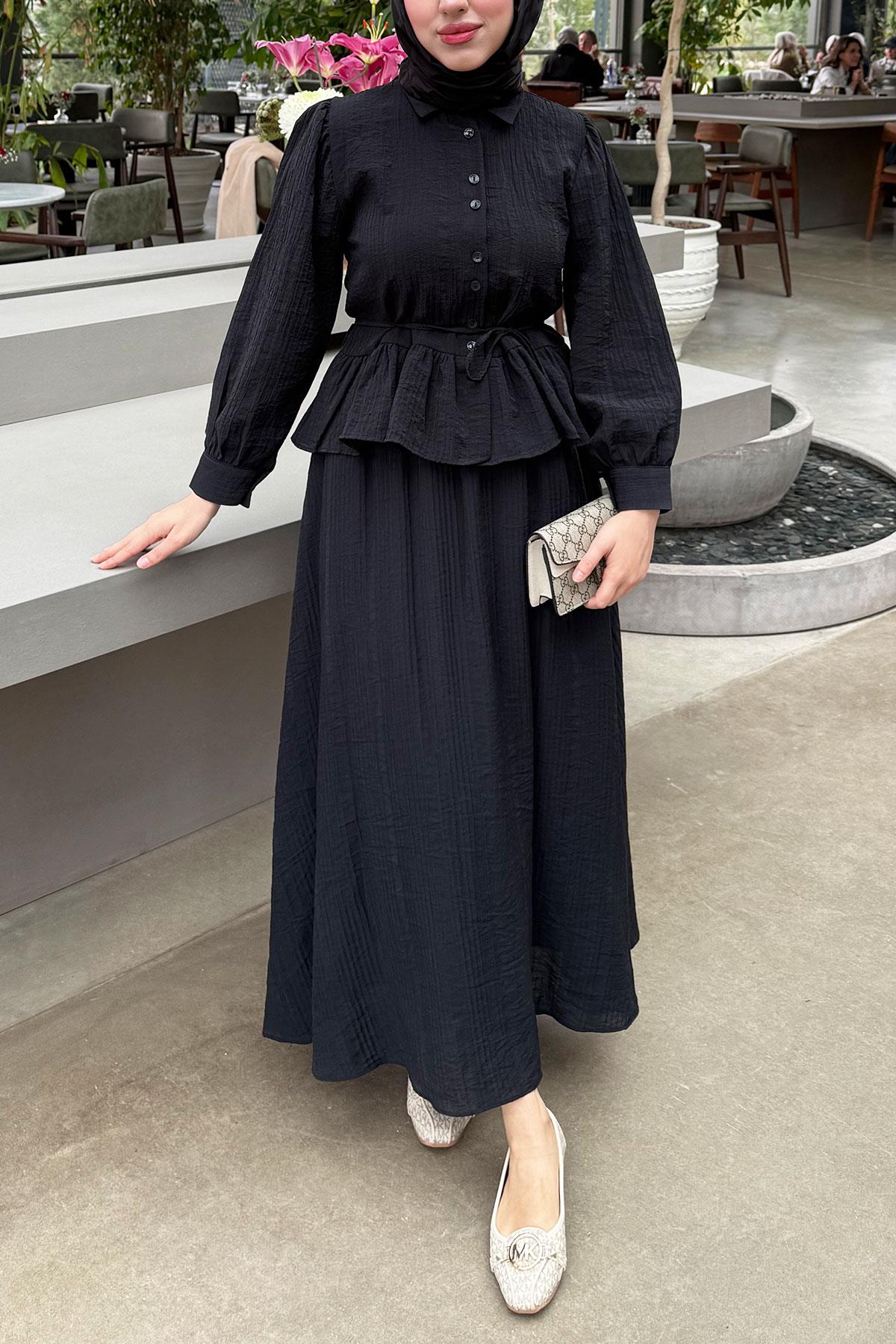 Fırfır Detaylı Gömlekli Gofre Etekli İkili Takım - Siyah