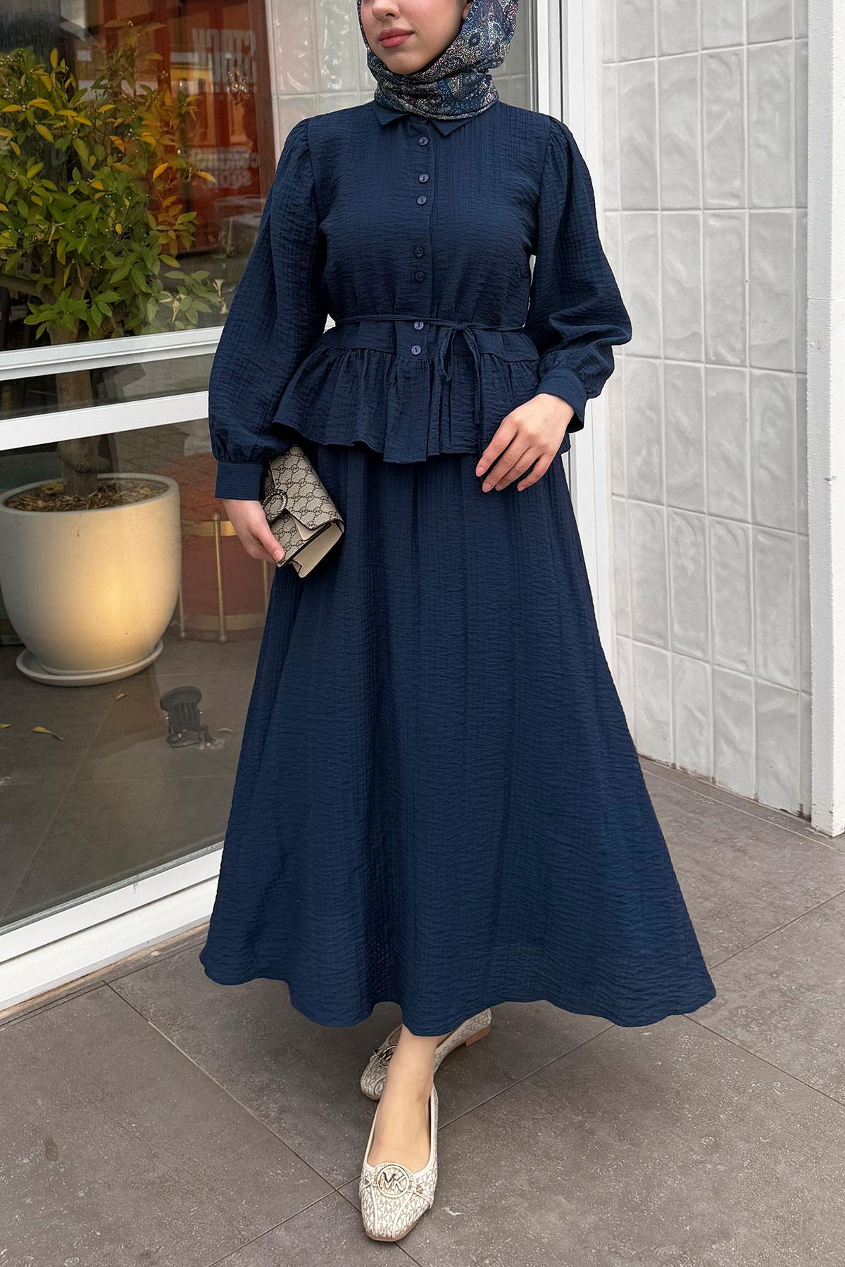 Fırfır Detaylı Gömlekli Gofre Etekli İkili Takım - Lacivert