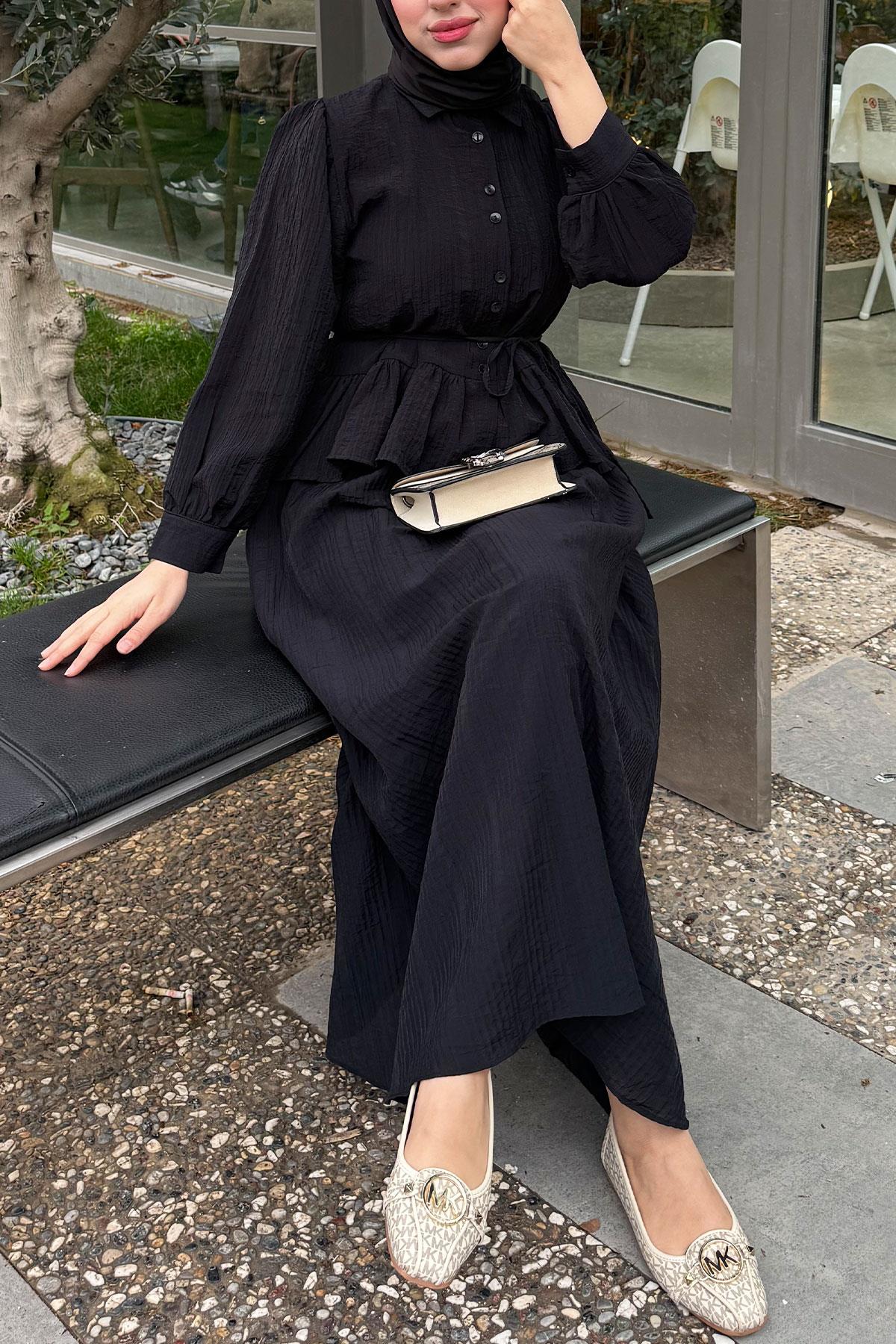 Fırfır Detaylı Gömlekli Gofre Etekli İkili Takım - Siyah