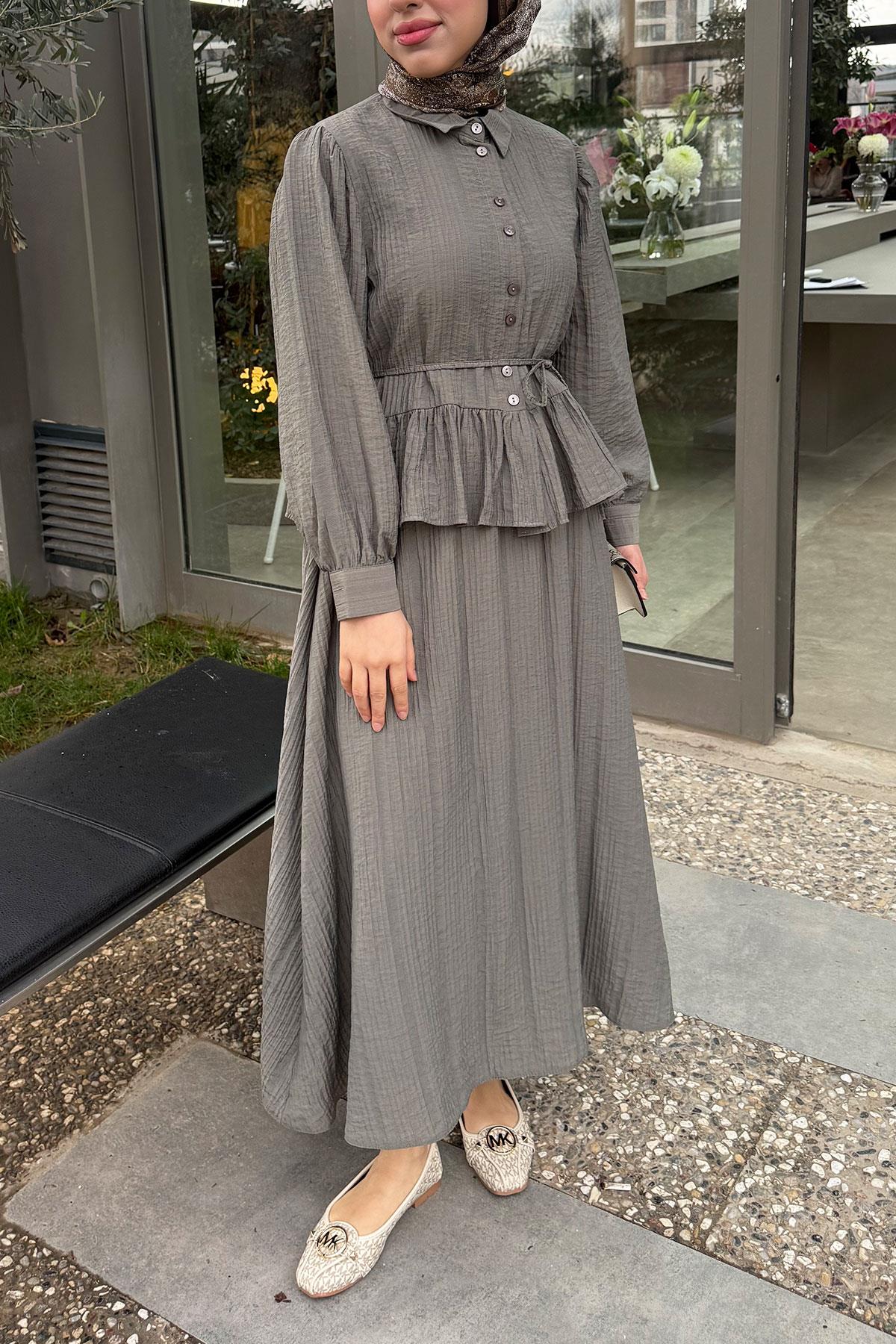 Fırfır Detaylı Gömlekli Gofre Etekli İkili Takım - Haki