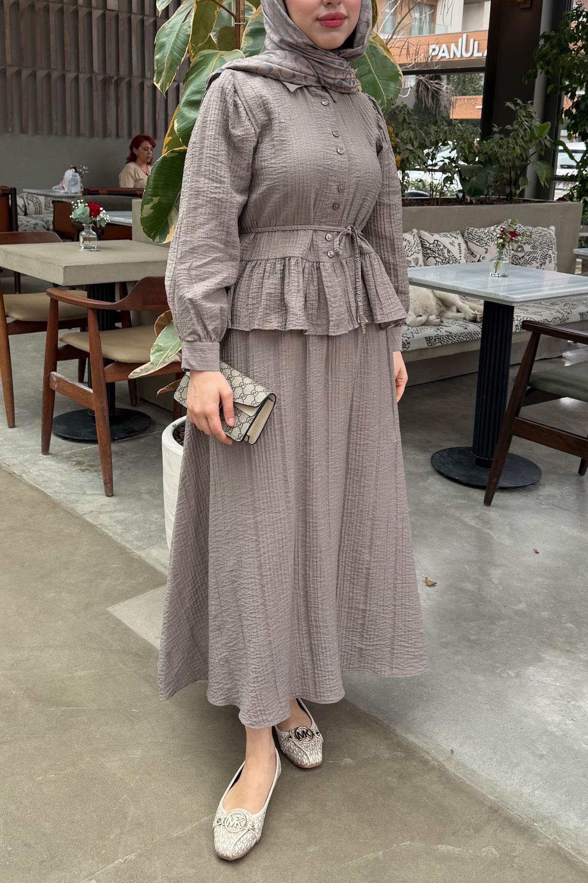 Fırfır Detaylı Gömlekli Gofre Etekli İkili Takım - Vizon