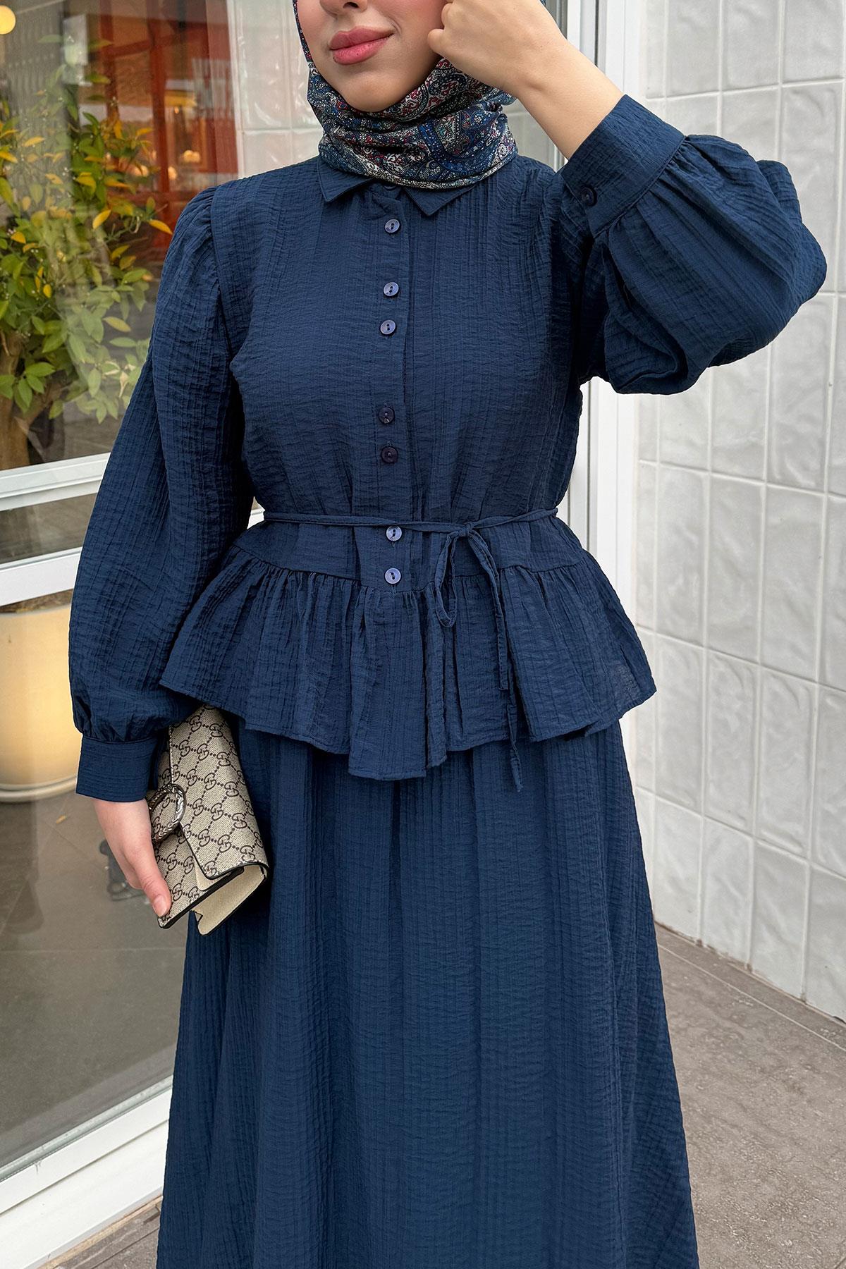 Fırfır Detaylı Gömlekli Gofre Etekli İkili Takım - Lacivert