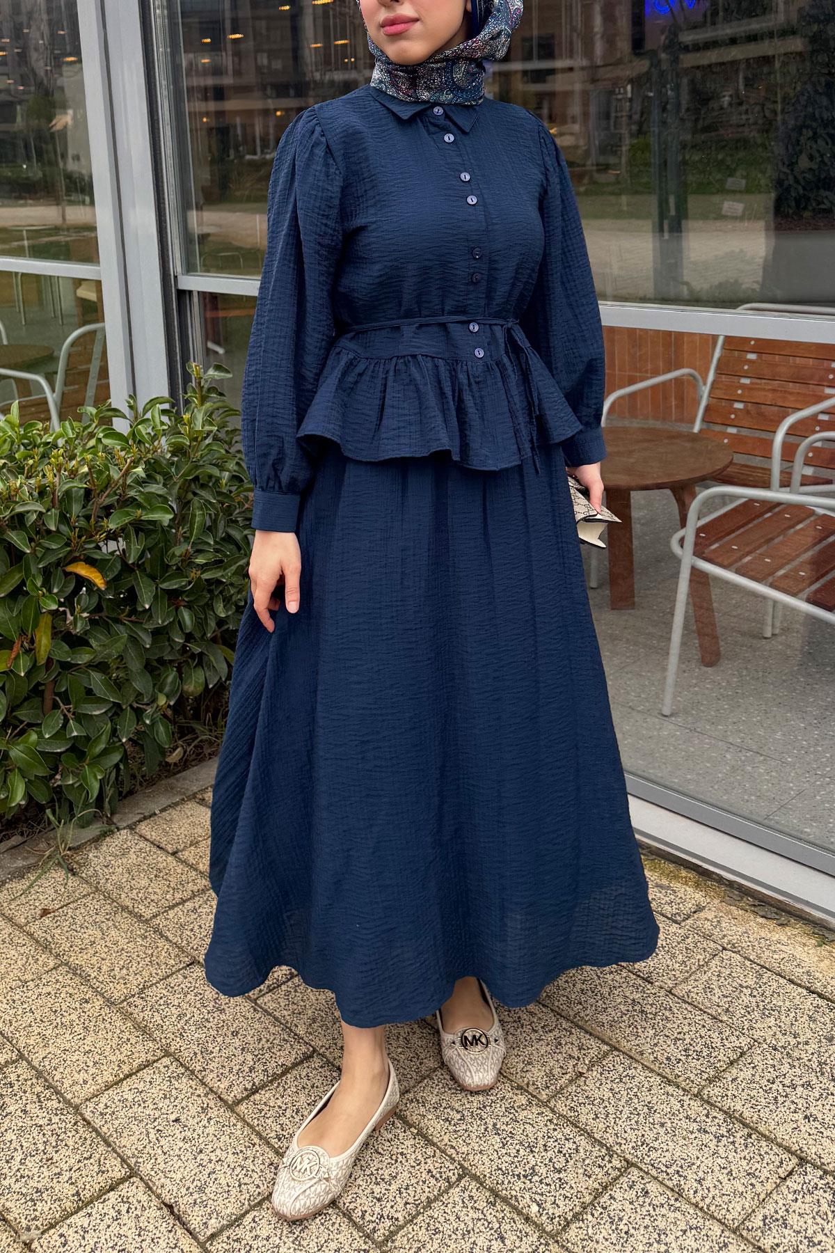 Fırfır Detaylı Gömlekli Gofre Etekli İkili Takım - Lacivert