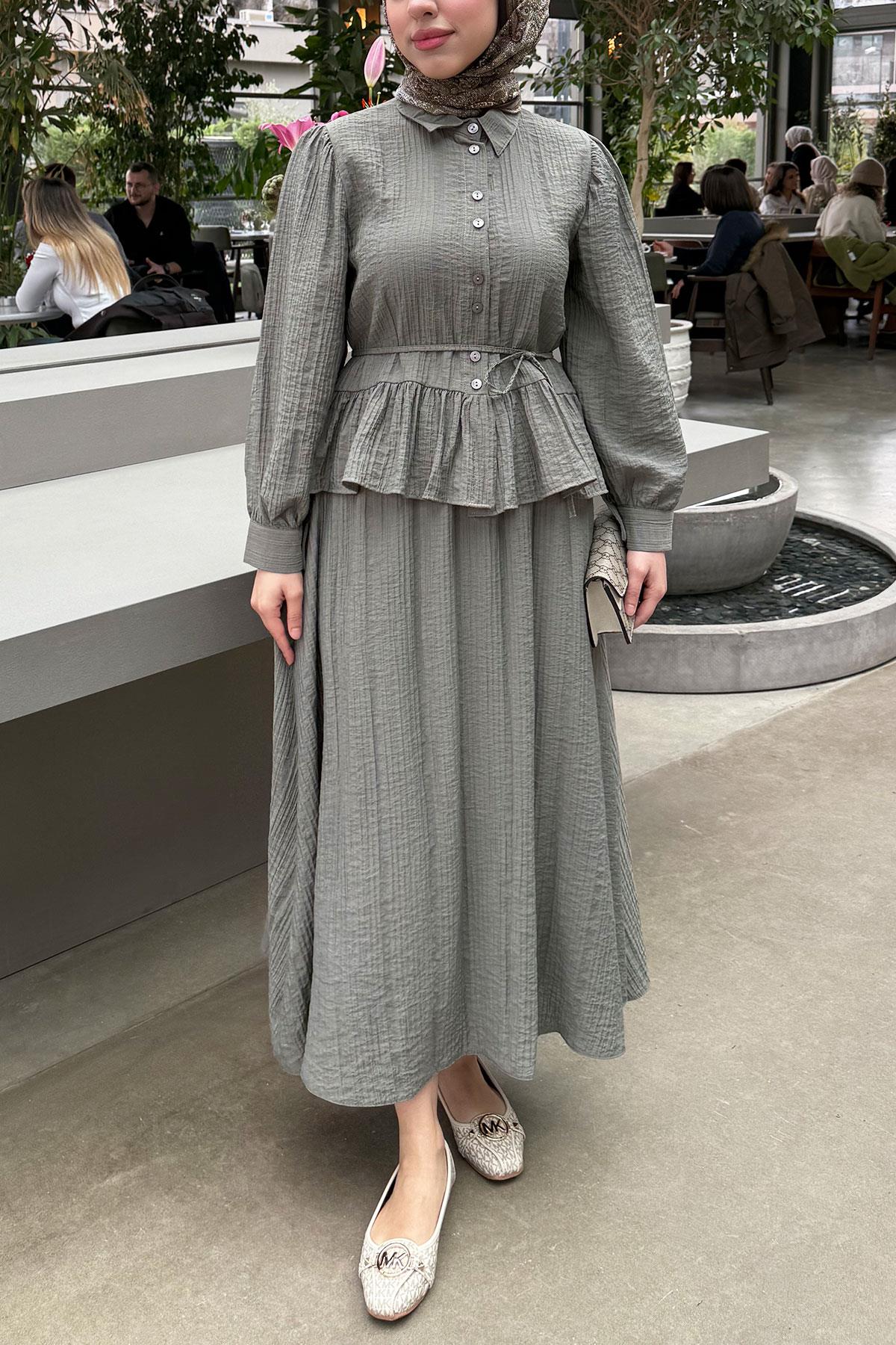 Fırfır Detaylı Gömlekli Gofre Etekli İkili Takım - Haki