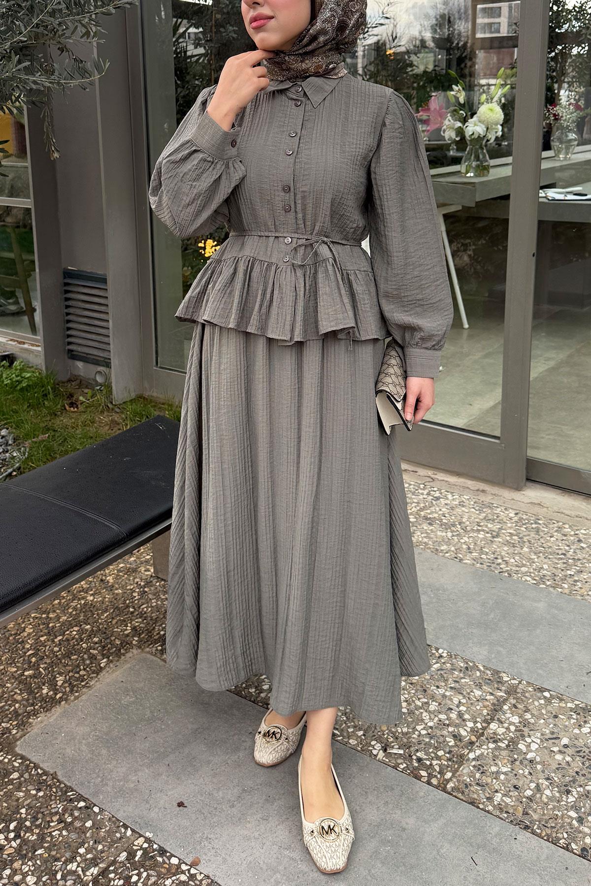 Fırfır Detaylı Gömlekli Gofre Etekli İkili Takım - Haki