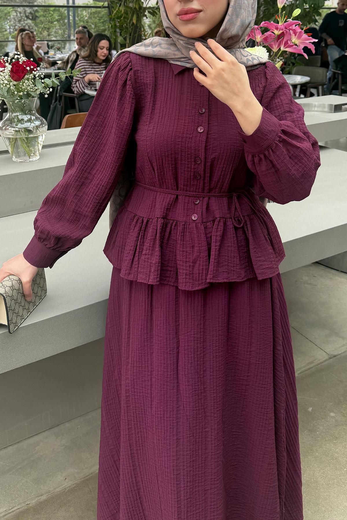 Fırfır Detaylı Gömlekli Gofre Etekli İkili Takım - Bordo