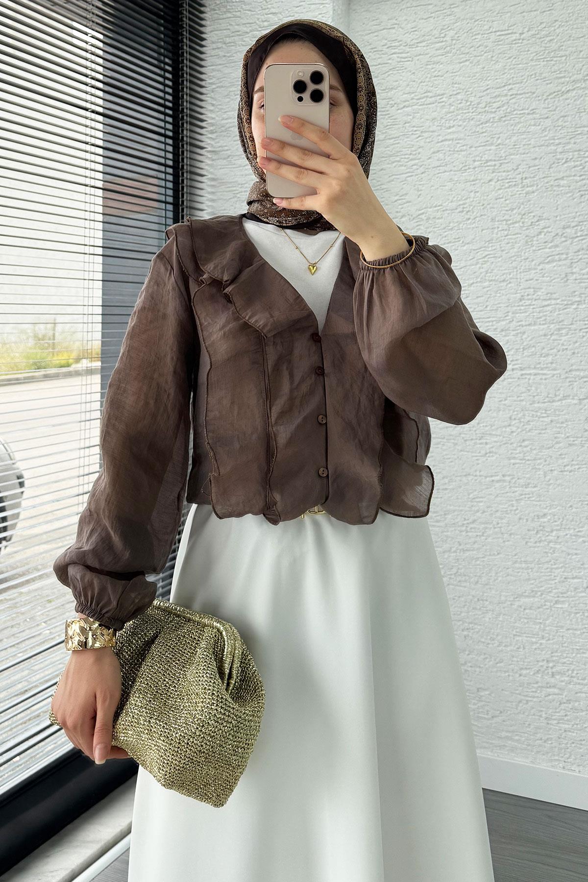 Fırfır Detaylı Vual Kumaş Bluz - Kahverengi