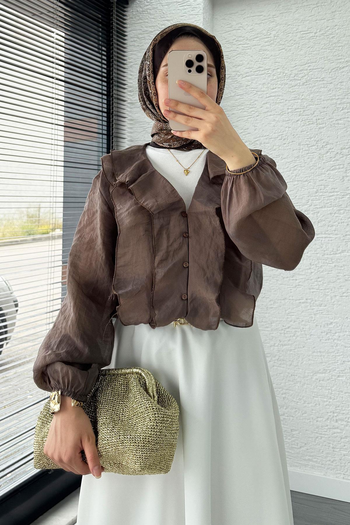 Fırfır Detaylı Vual Kumaş Bluz - Kahverengi