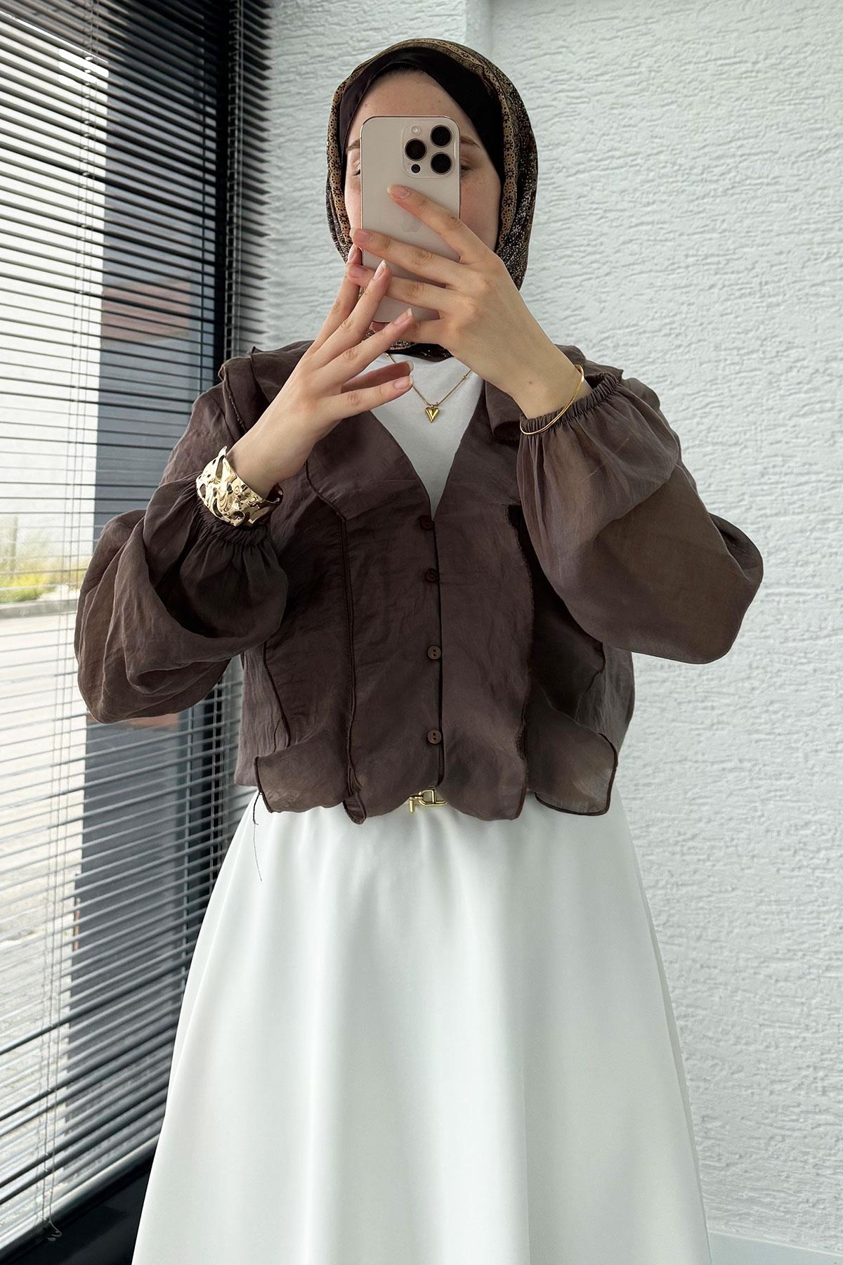 Fırfır Detaylı Vual Kumaş Bluz - Kahverengi