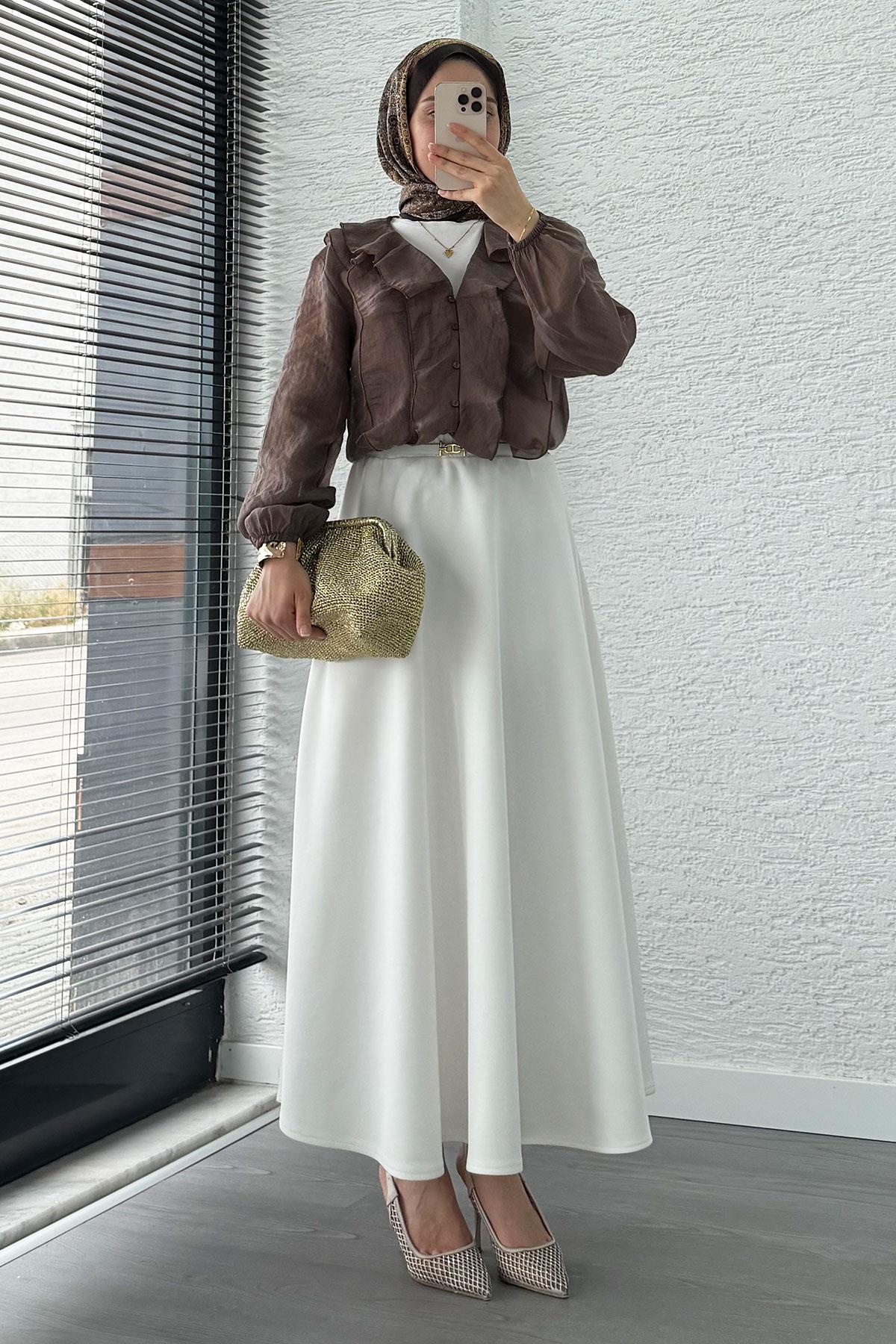 Fırfır Detaylı Vual Kumaş Bluz - Kahverengi