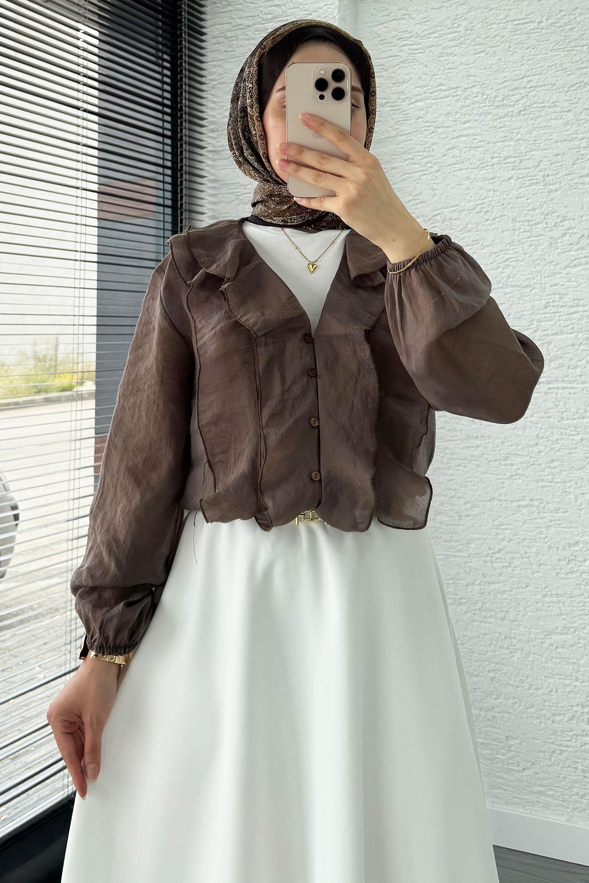 Fırfır Detaylı Vual Kumaş Bluz - Kahverengi