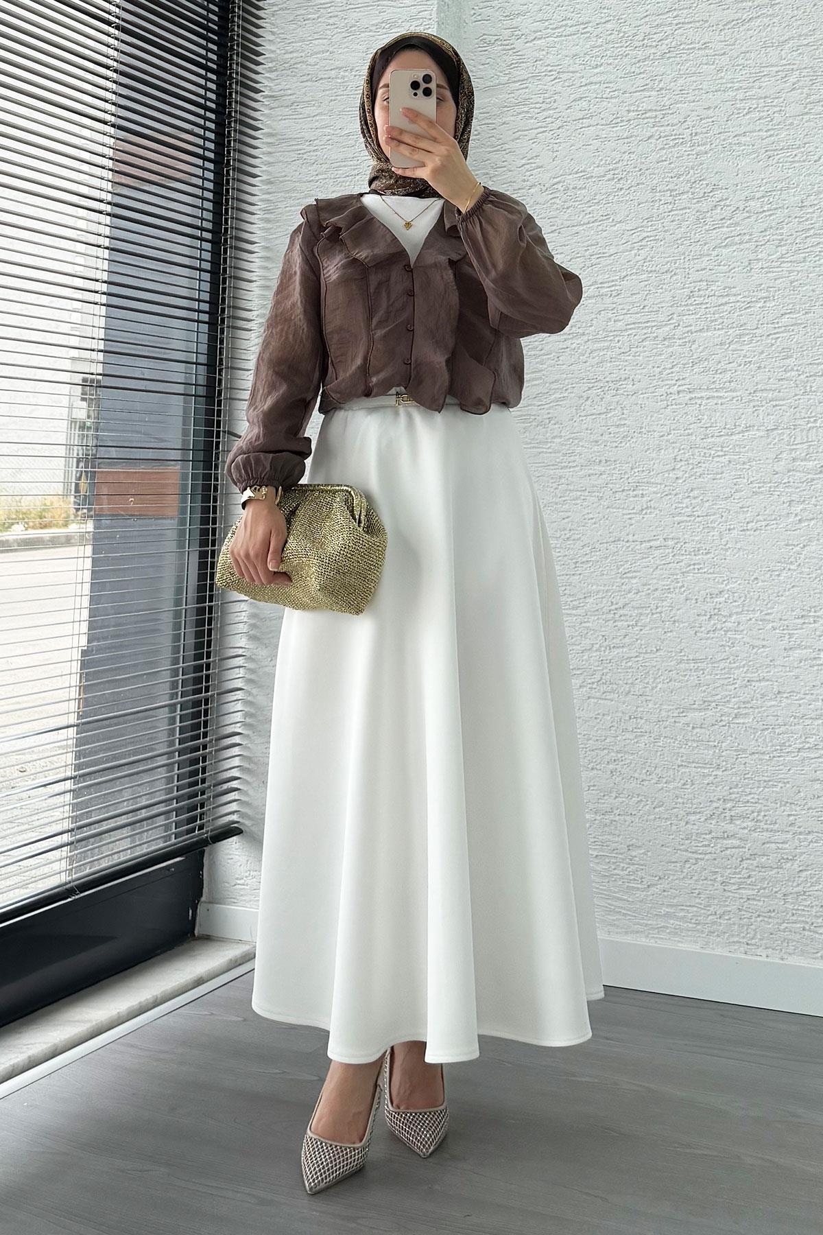 Fırfır Detaylı Vual Kumaş Bluz - Kahverengi