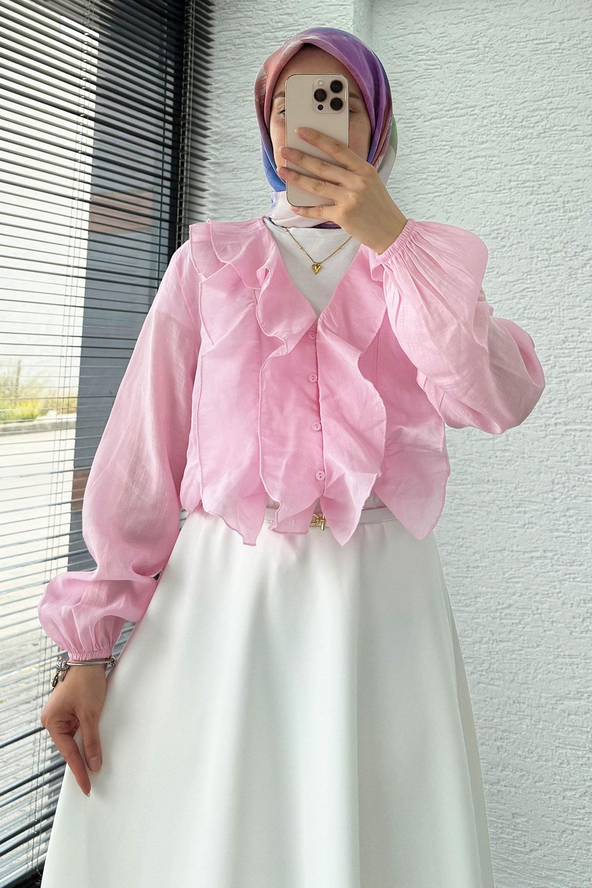 Fırfır Detaylı Vual Kumaş Bluz - Pembe