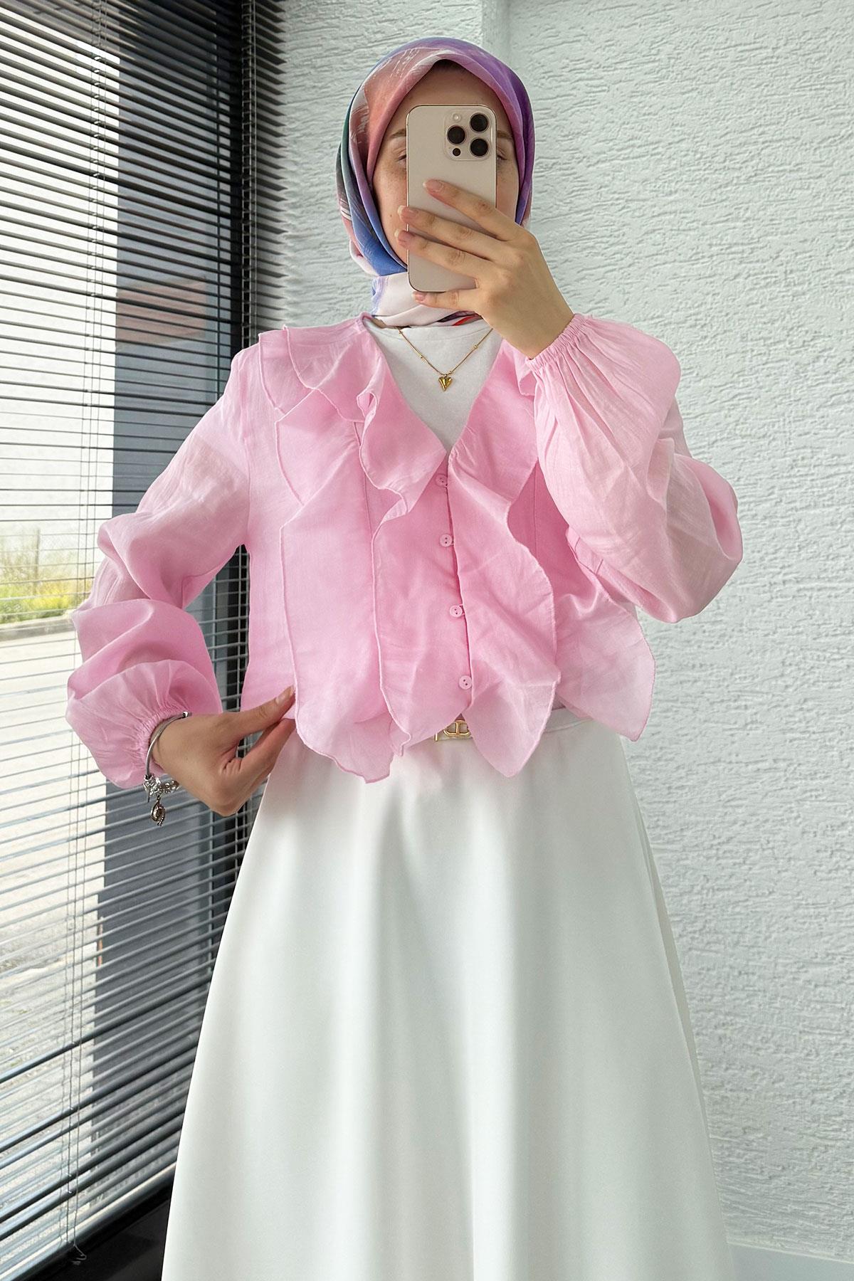 Fırfır Detaylı Vual Kumaş Bluz - Pembe