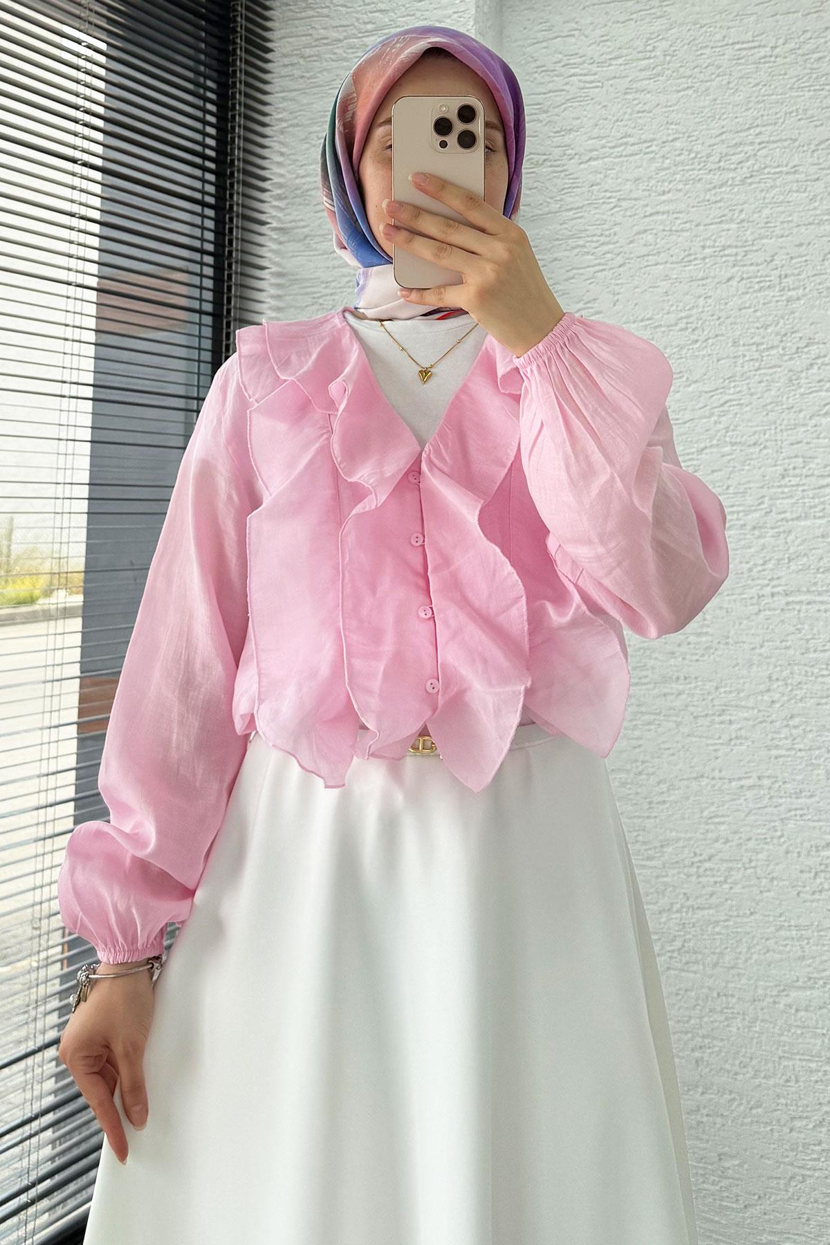 Fırfır Detaylı Vual Kumaş Bluz - Pembe