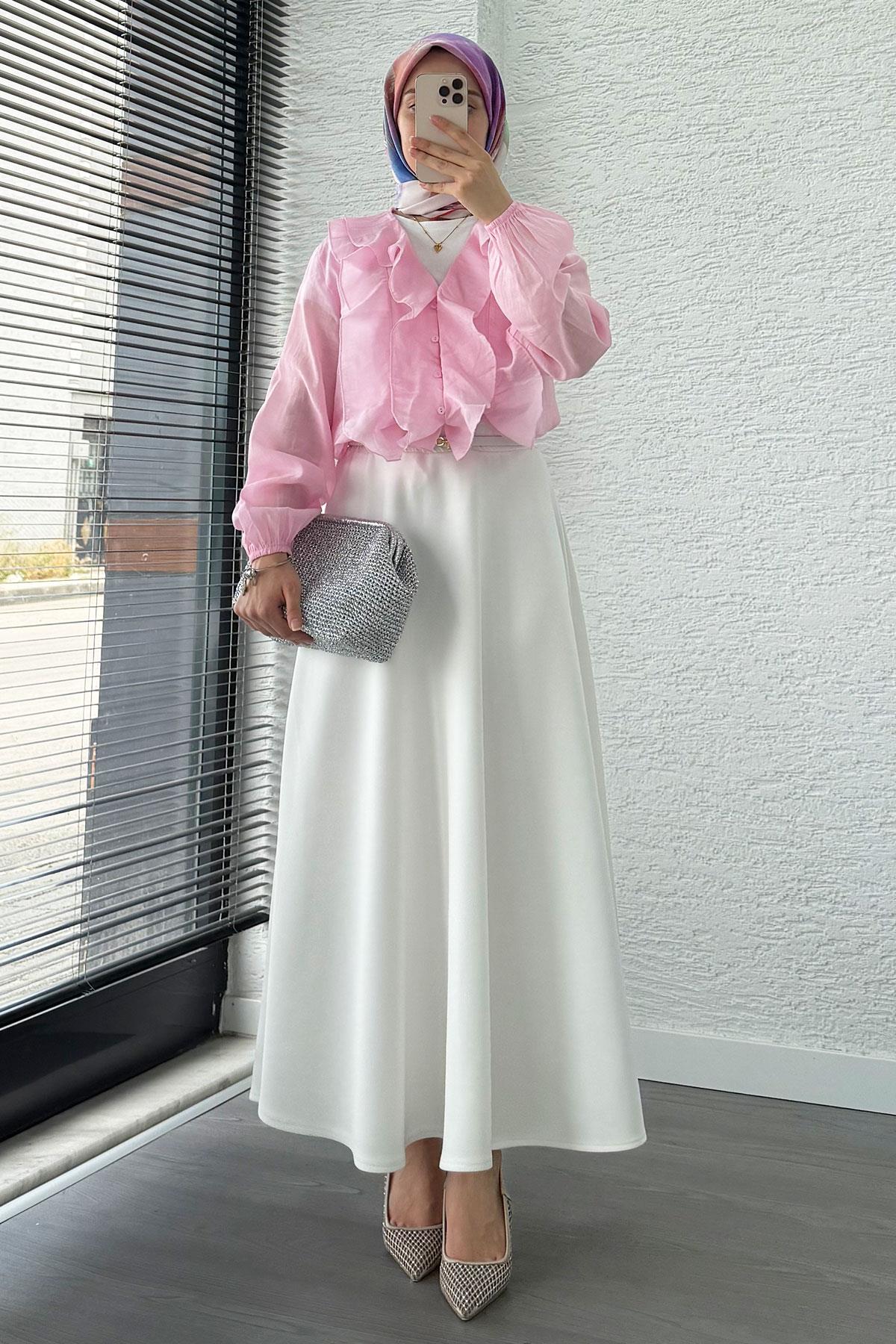 Fırfır Detaylı Vual Kumaş Bluz - Pembe