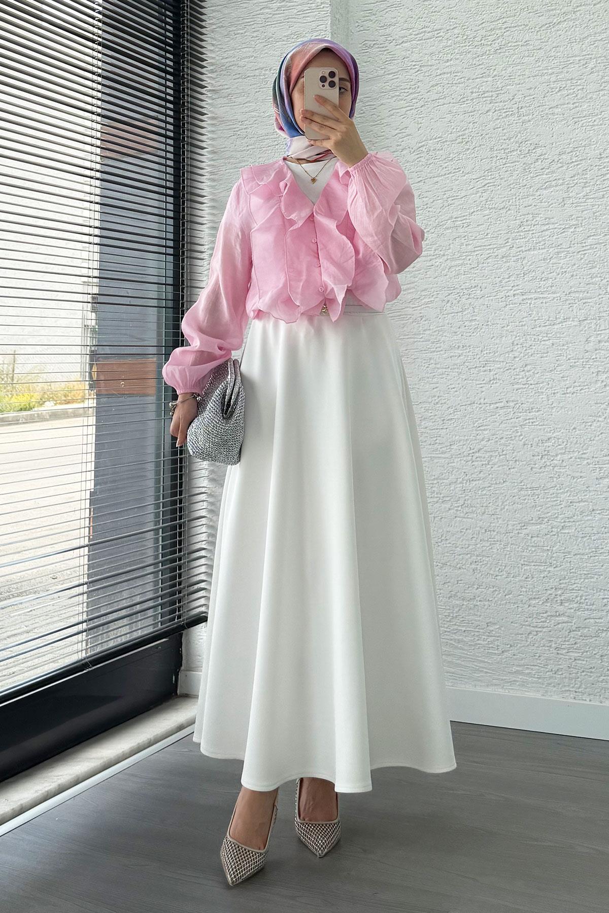 Fırfır Detaylı Vual Kumaş Bluz - Pembe