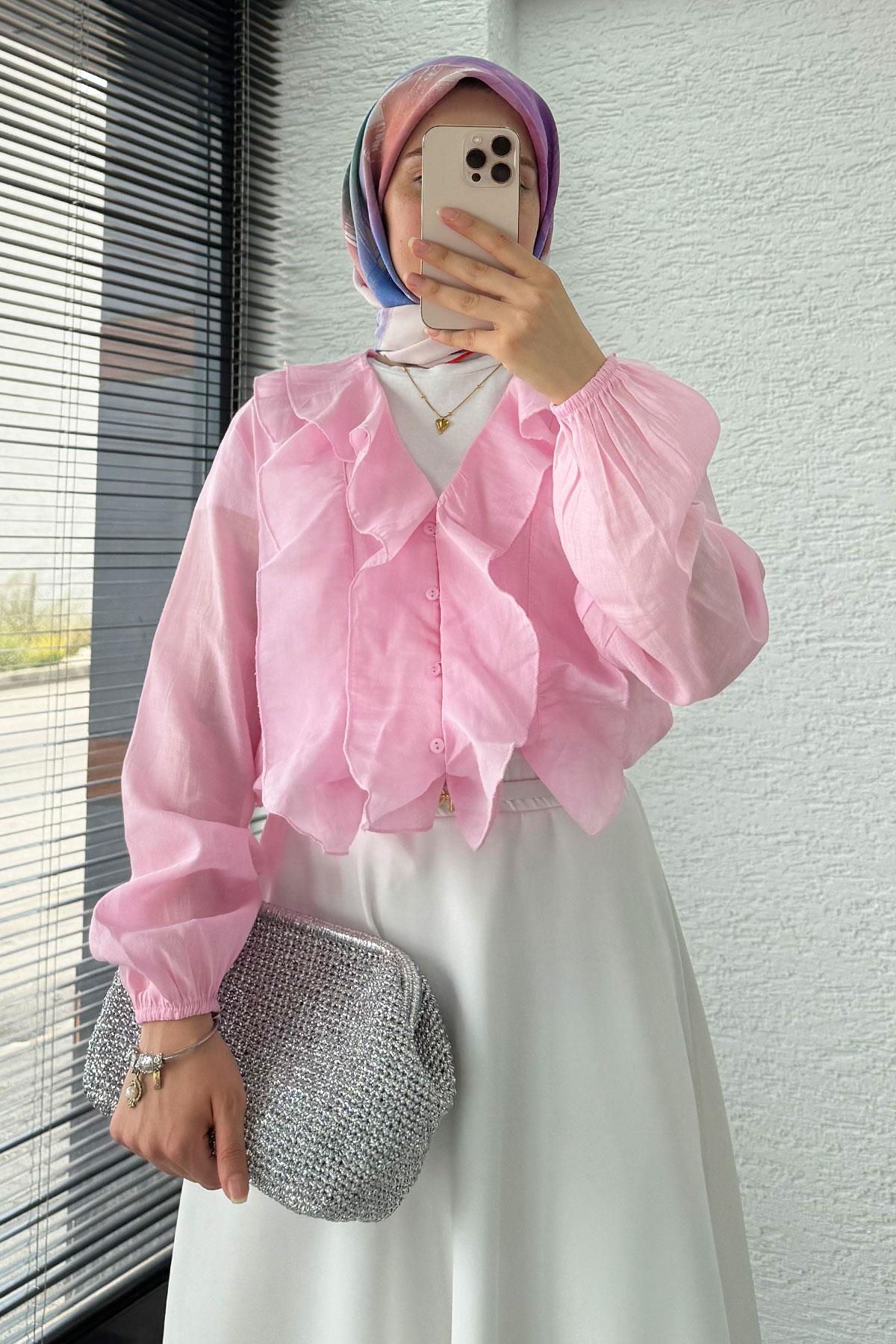 Fırfır Detaylı Vual Kumaş Bluz - Pembe