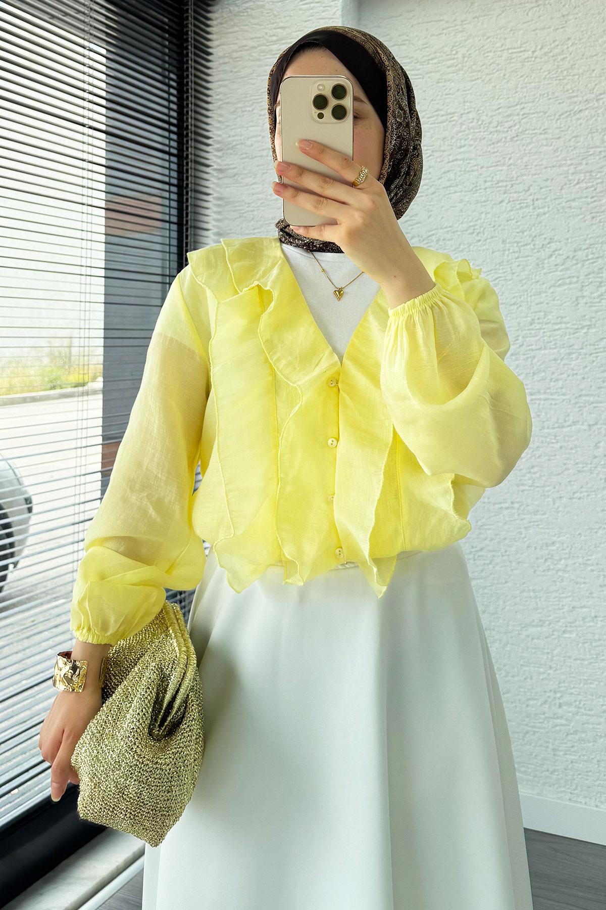Fırfır Detaylı Vual Kumaş Bluz - Sarı 