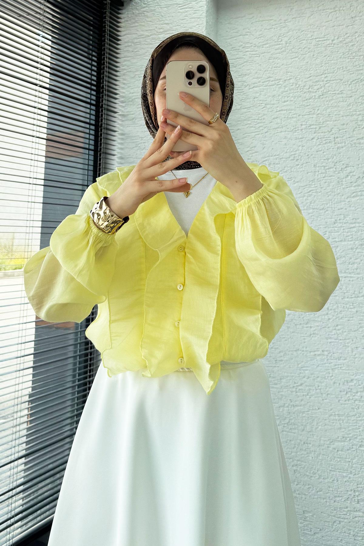 Fırfır Detaylı Vual Kumaş Bluz - Sarı 