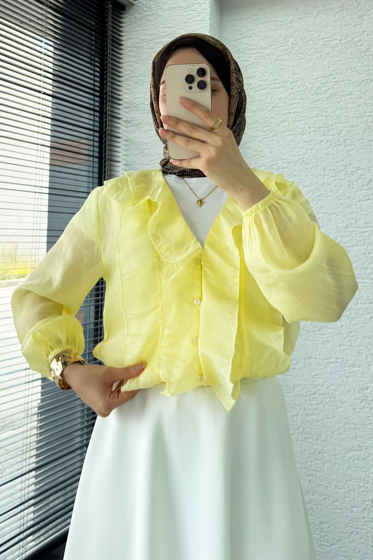 Fırfır Detaylı Vual Kumaş Bluz - Sarı 