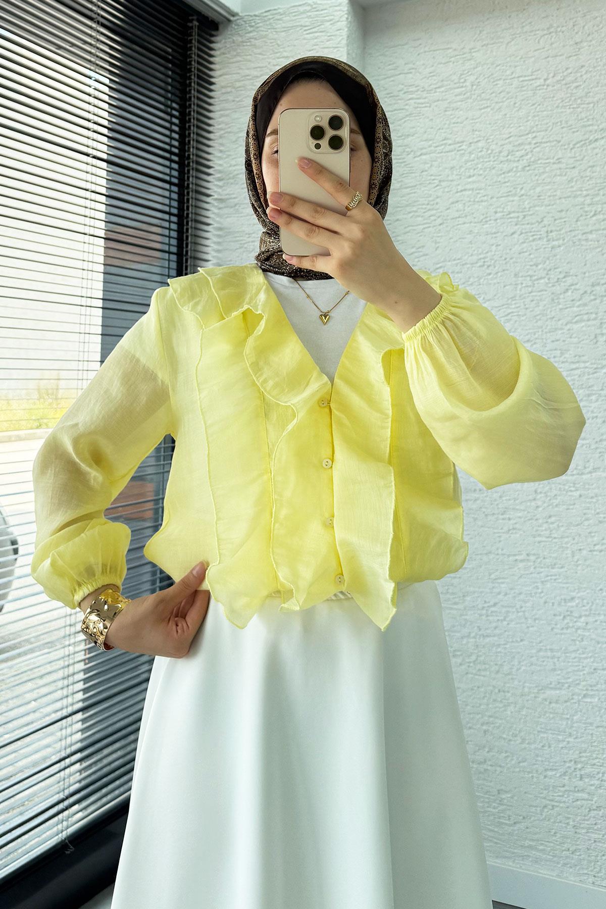 Fırfır Detaylı Vual Kumaş Bluz - Sarı 